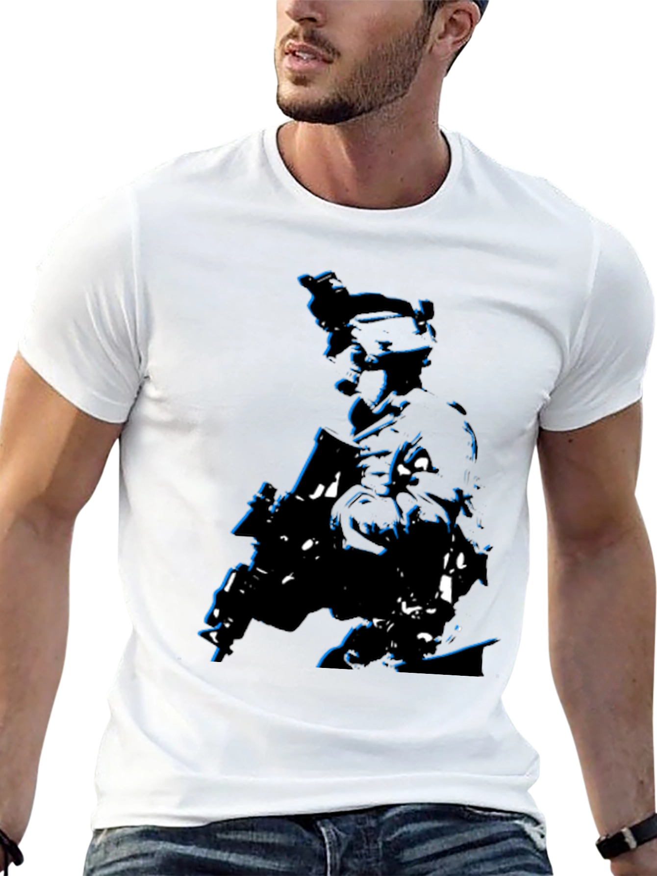 Tactical Soldier Graphic Tee - Black Cotton Blend