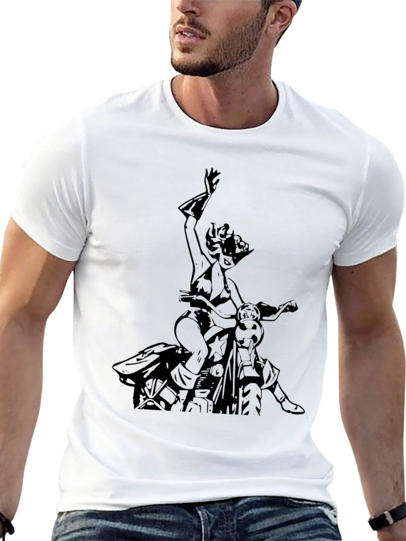 Black T-Shirt with Motorcycle Woman Graphic