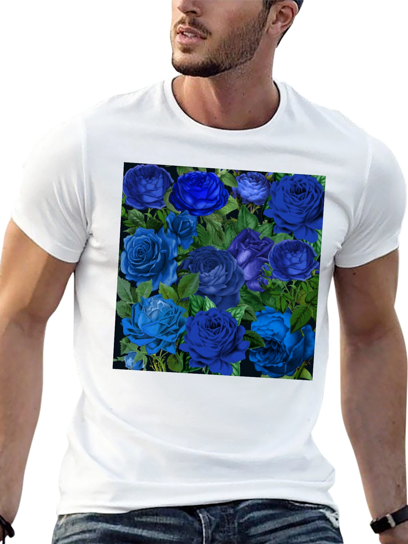 Blue Roses Graphic Print Tee - Black