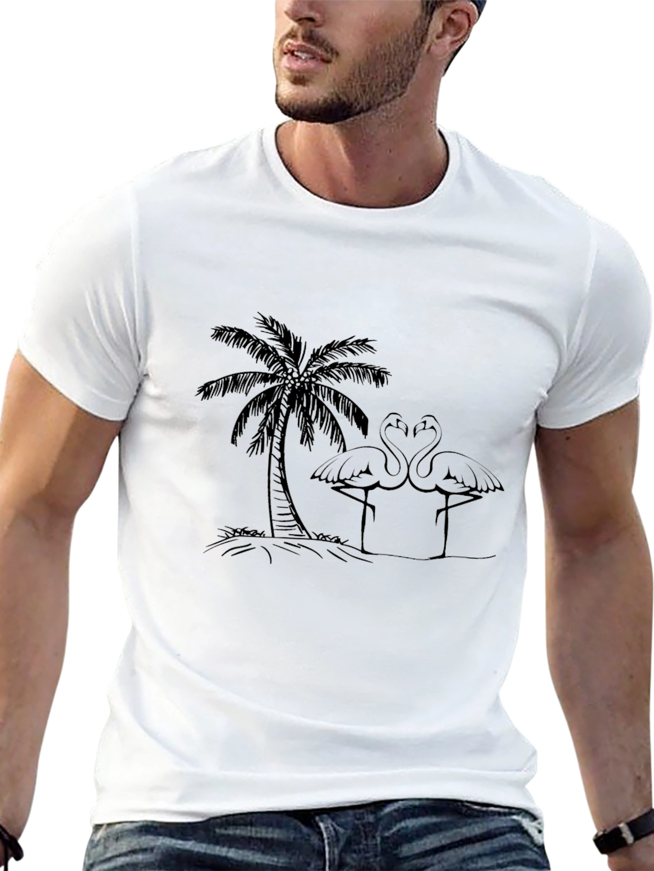 Tropical Flamingo Tee - Black Cotton Casual Shirt