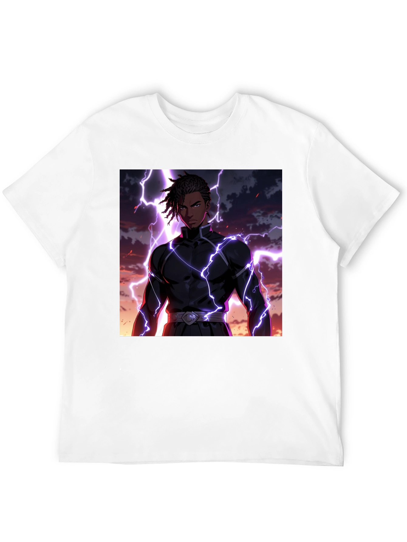 Anime Lightning Bolt Graphic Tee - Black Cotton Blend