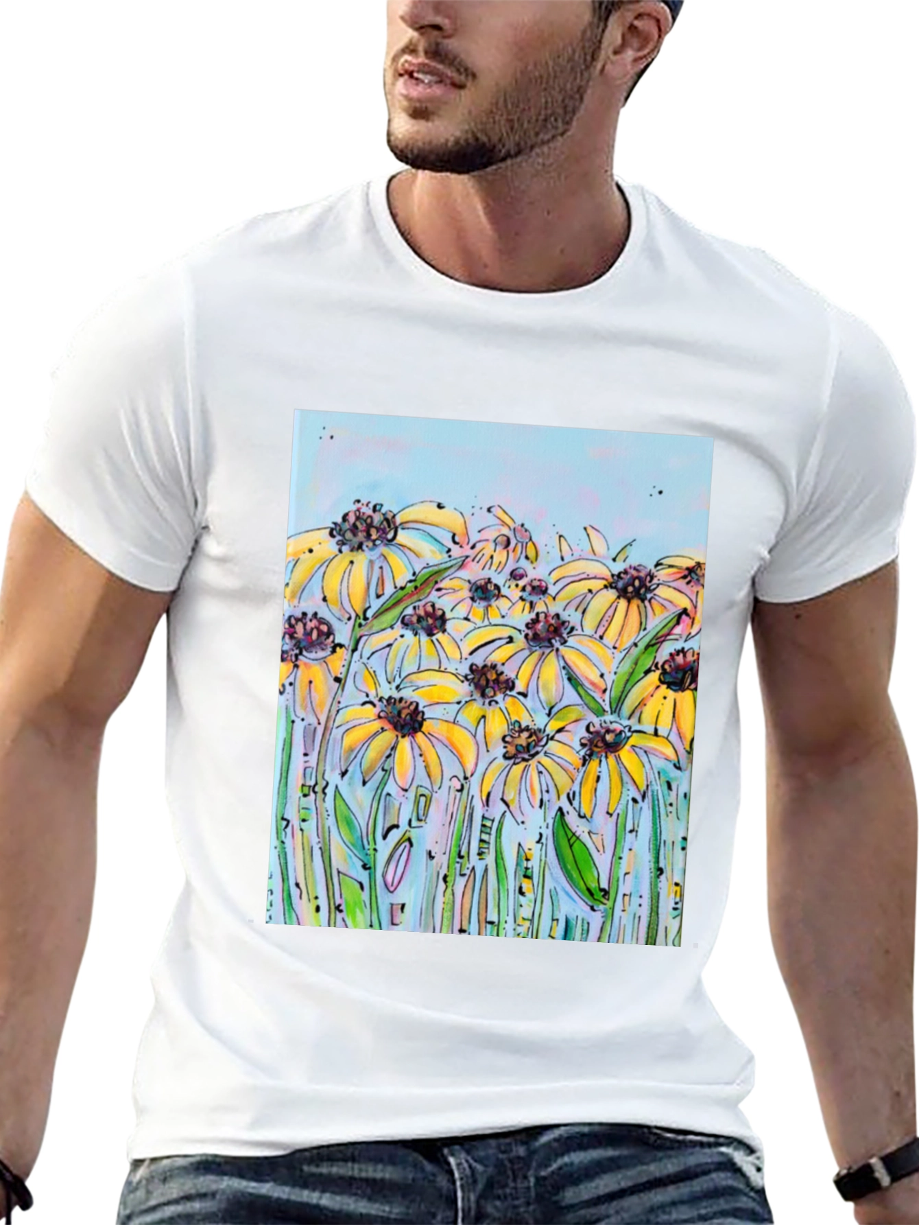 Black T-Shirt with Floral Meadow Design