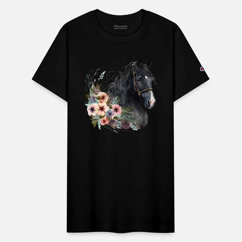 Black Horse with Floral Watercolor