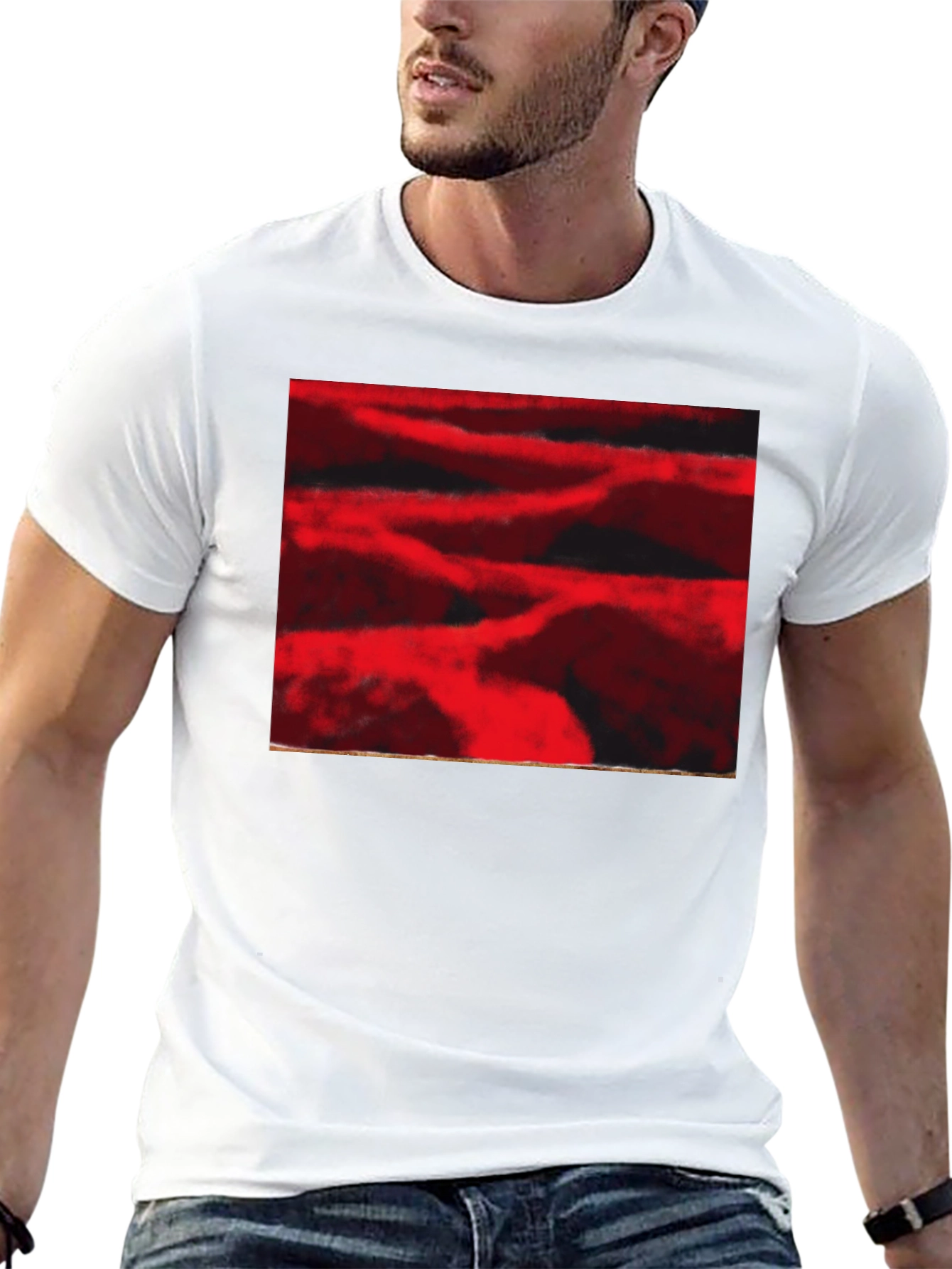 Abstract Red Landscape Print Black T-Shirt