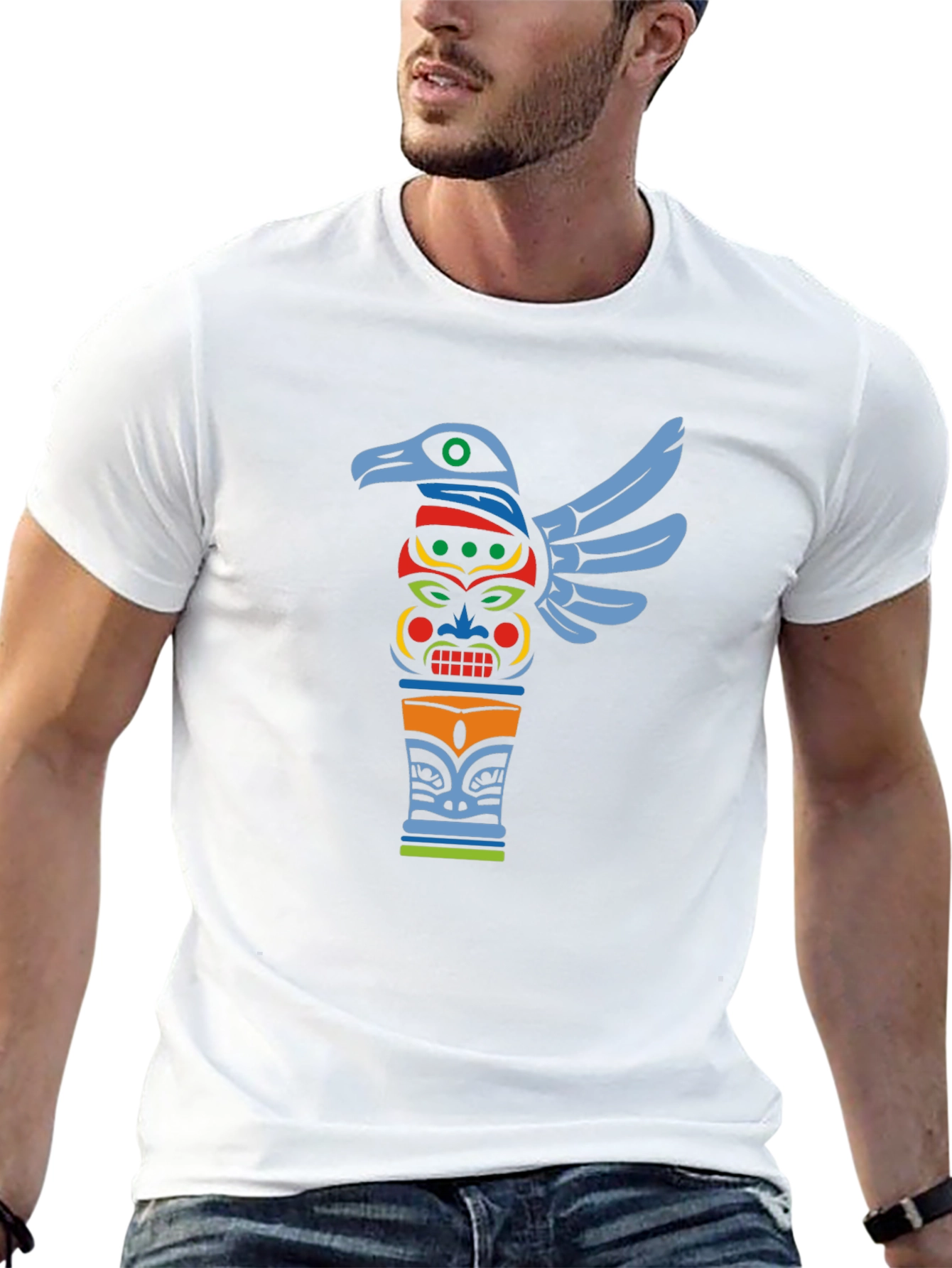 Tribal Totem Pole Graphic Tee - Black Cotton T-Shirt