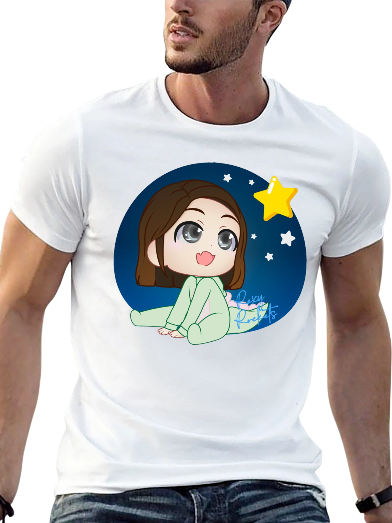 Anime Girl Starry Night Black T-Shirt