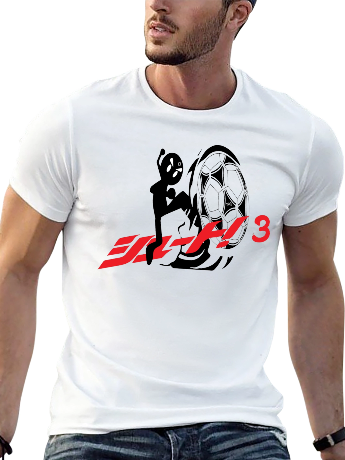 Black T-Shirt with Anime Character & Soccer Ball Graphic