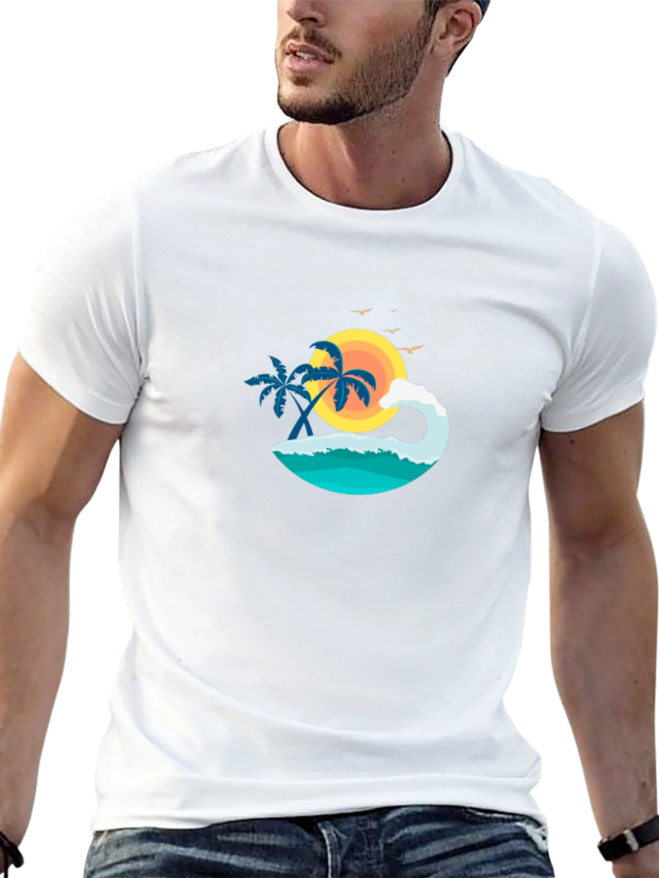 Tropical Beach Scene Graphic Black T-Shirt