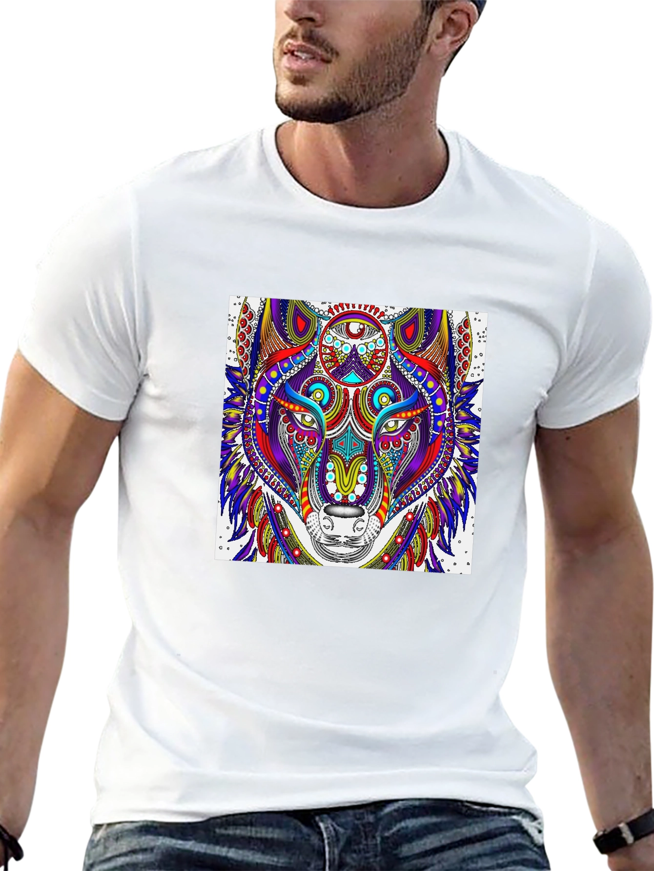 Wolf Art Black T-Shirt - Psychedelic Animal Design