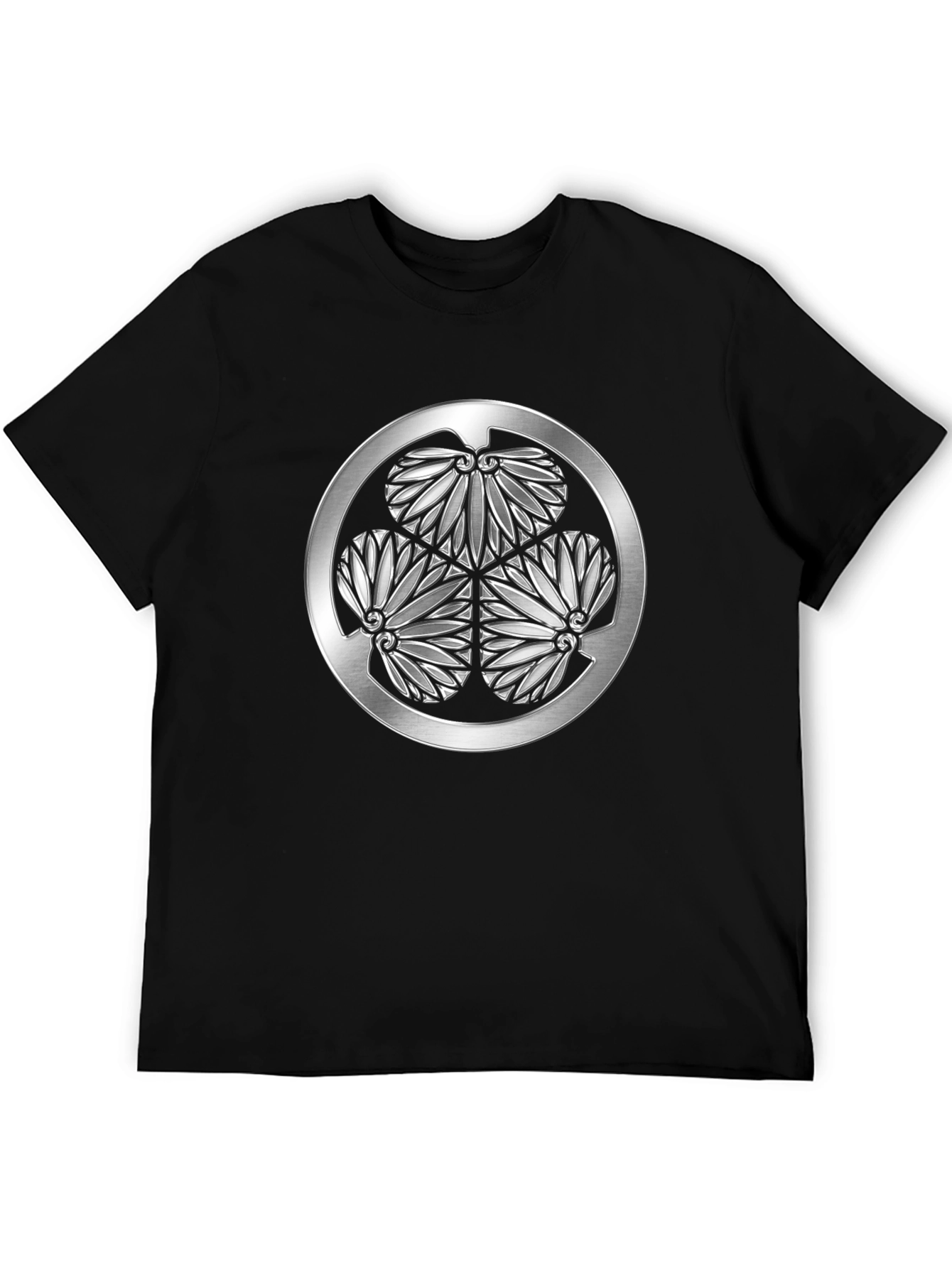 Black T-Shirt with Silver Japanese Crest Graphic