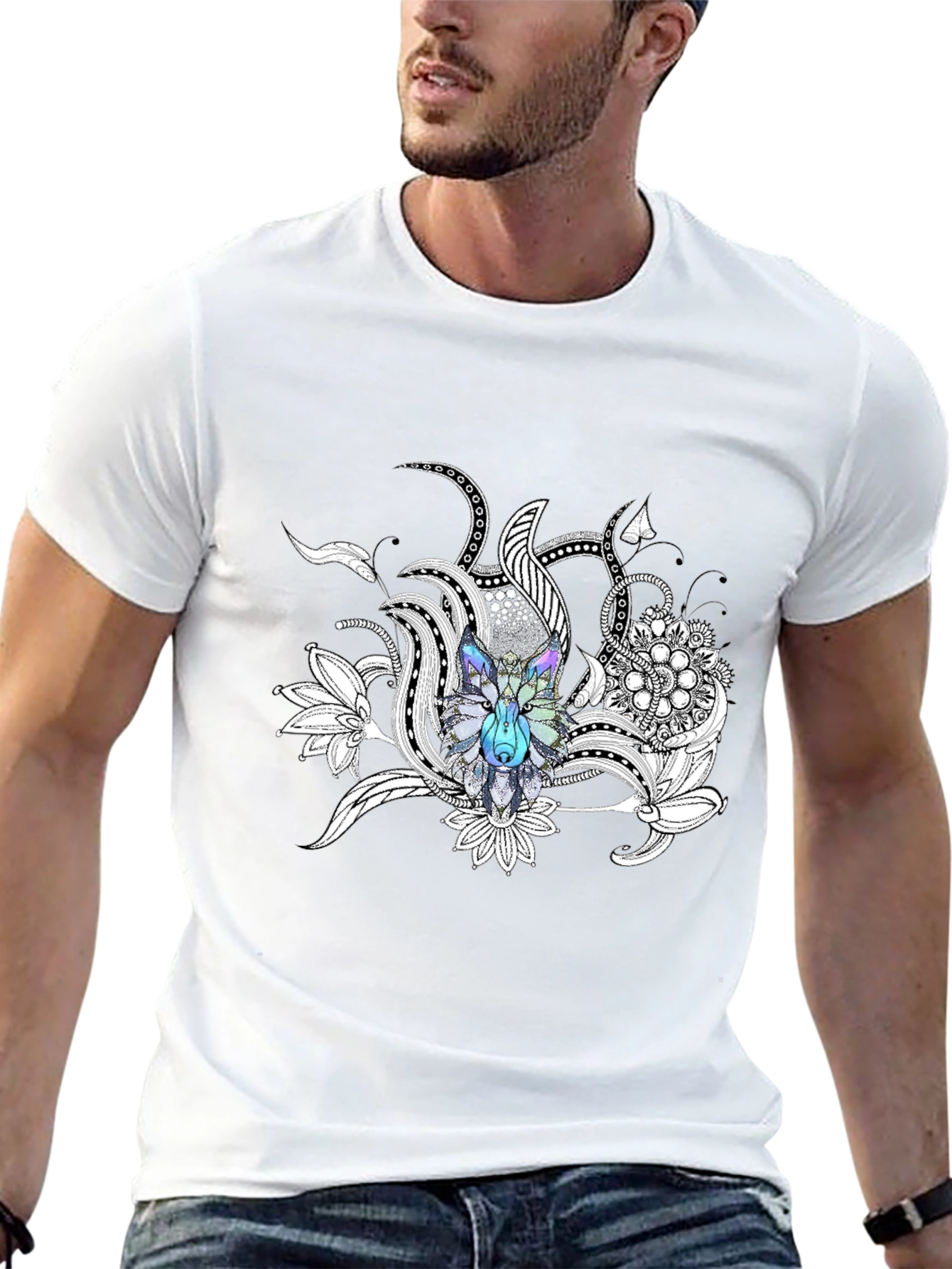 Wolf Floral Graphic Print Black T-Shirt