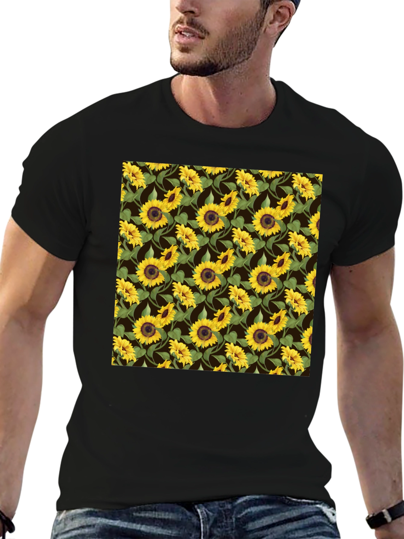 Sunflower Pattern Black T-Shirt