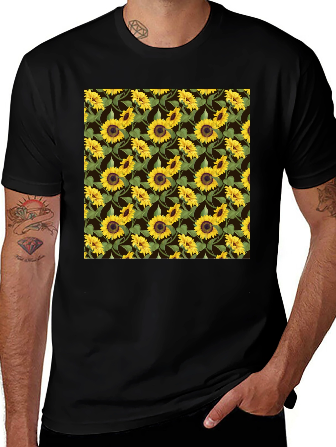 Sunflower Pattern Black T-Shirt