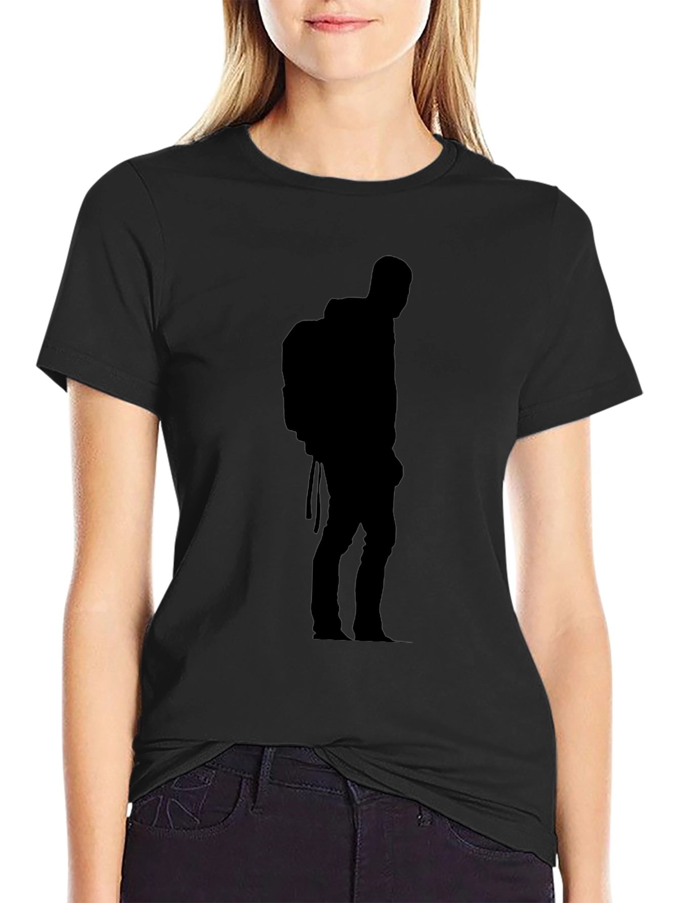 Black T-Shirt with Hiker Silhouette Design