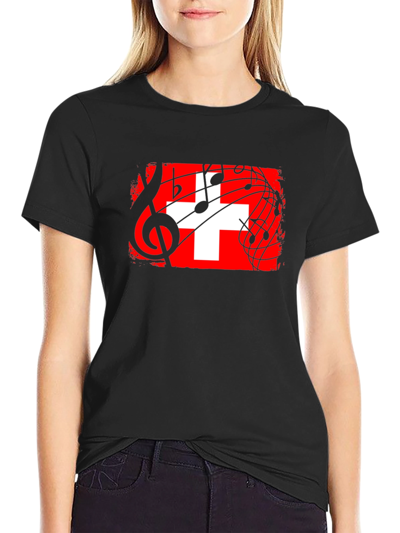 Swiss Flag Music Notes Black T-Shirt