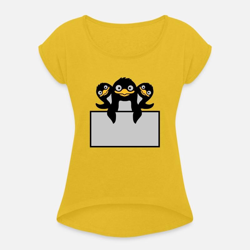 3 penguins behind sign