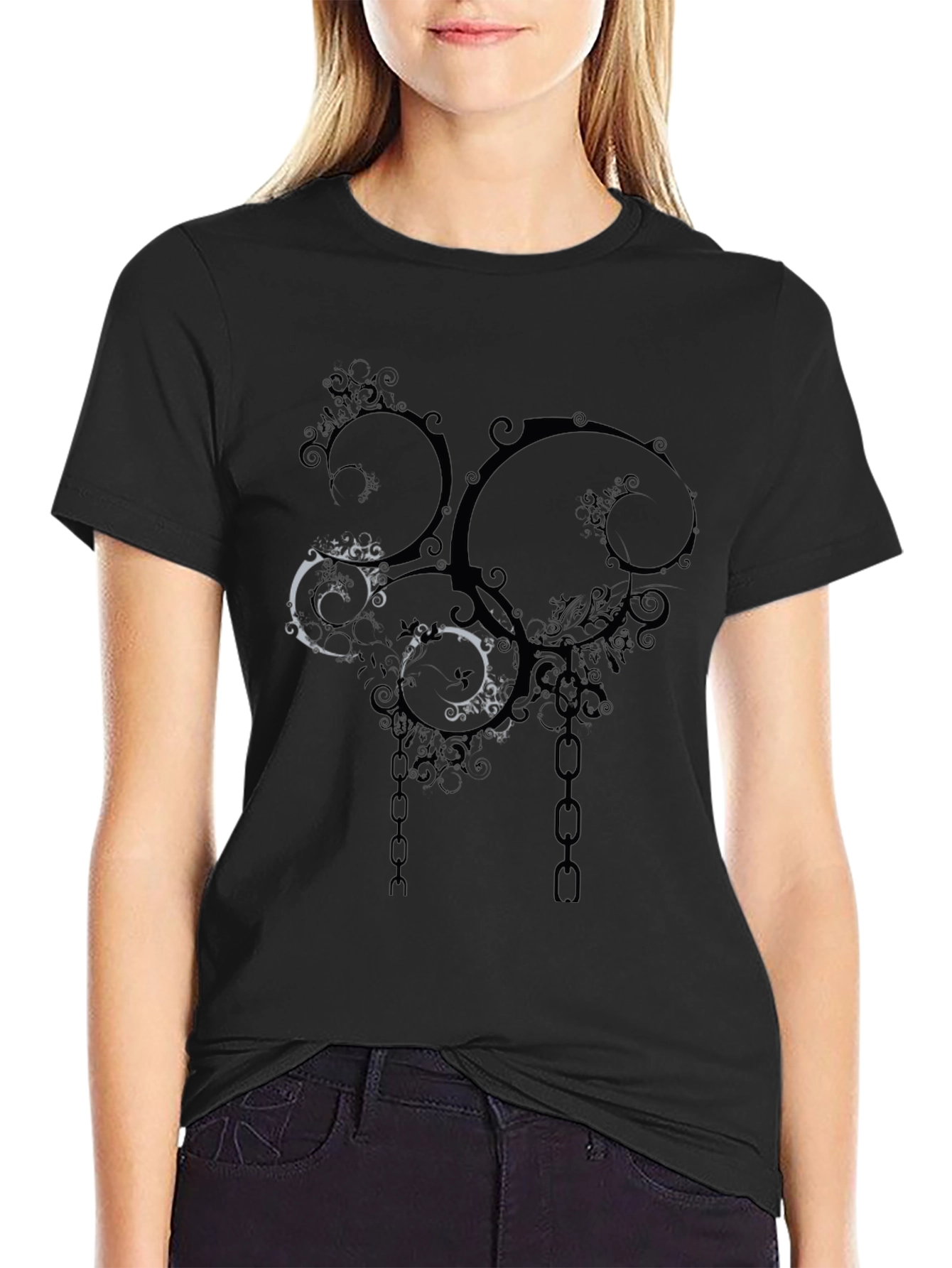 Abstract Swirls & Chains Black Graphic Tee