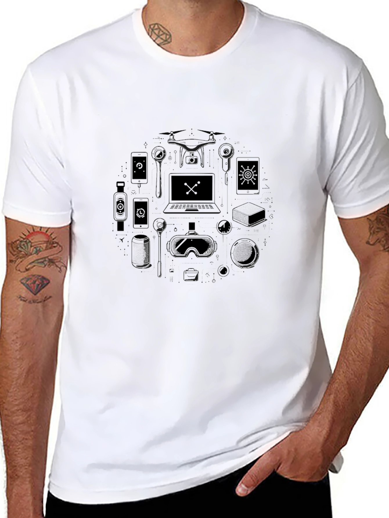 Tech Gadget Graphic T-Shirt - Black