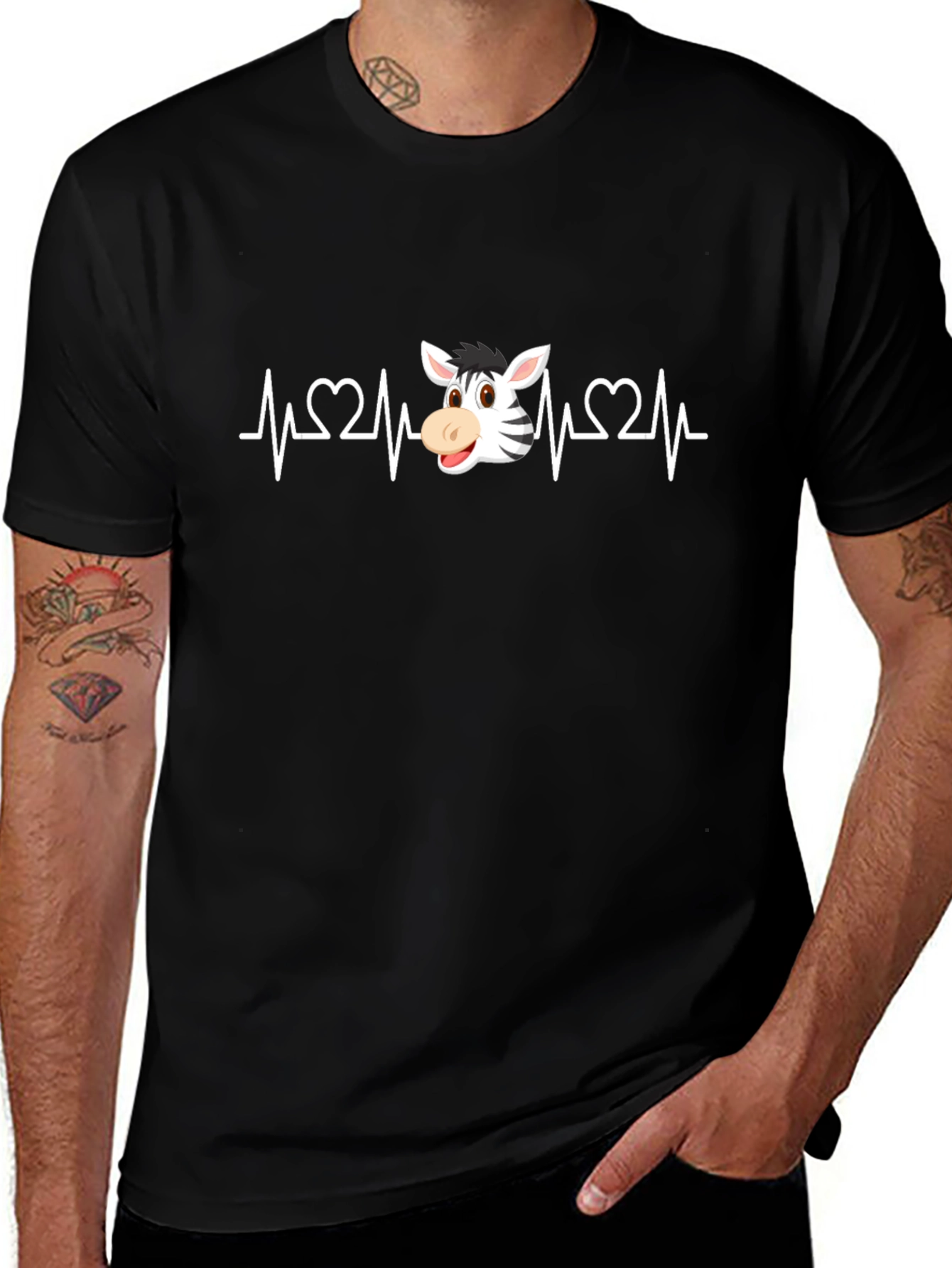 Zebra Heartbeat Graphic Tee - Black Cotton T-Shirt