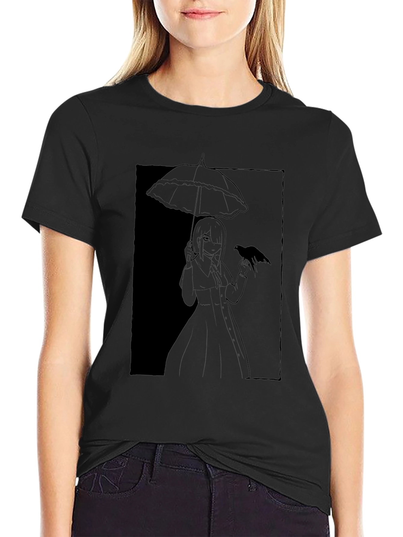 Anime Girl with Crow T-Shirt - Dark Aesthetic