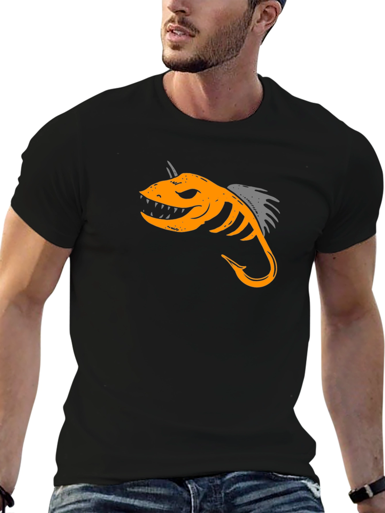 Black T-Shirt with Fish Hook Design