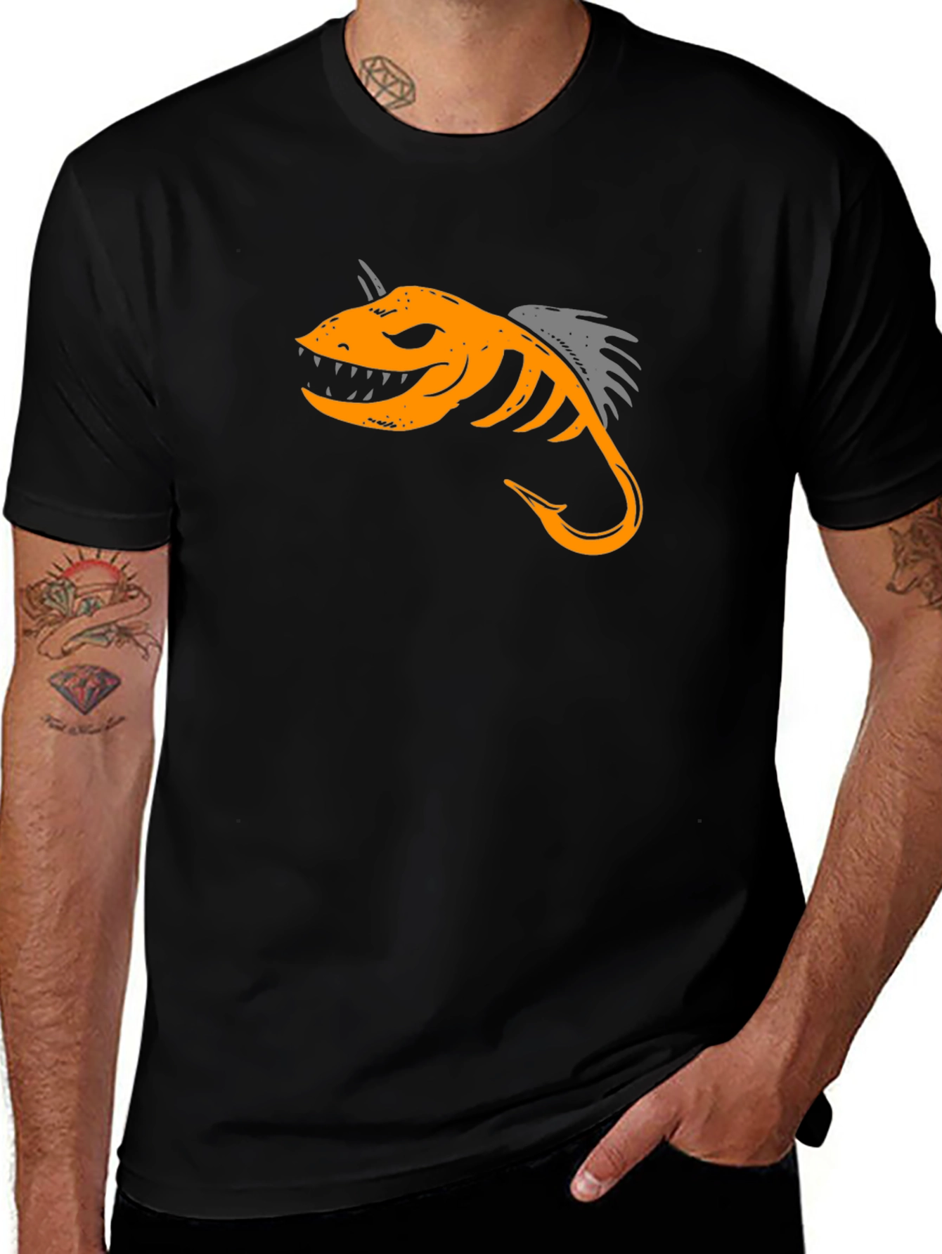 Black T-Shirt with Fish Hook Design
