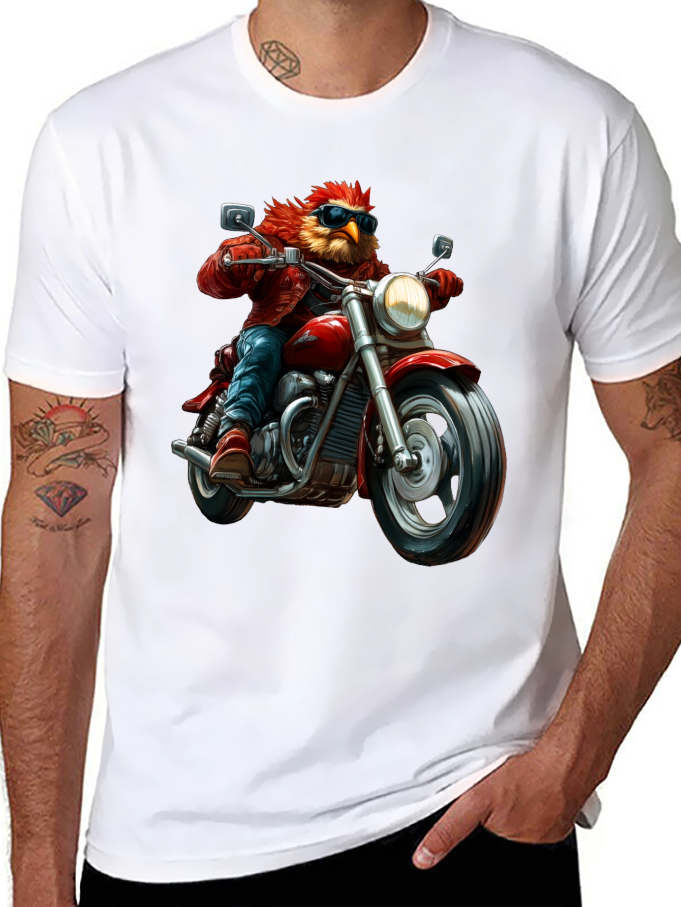 Biker Bird T-Shirt - Red Motorcycle Graphic Tee