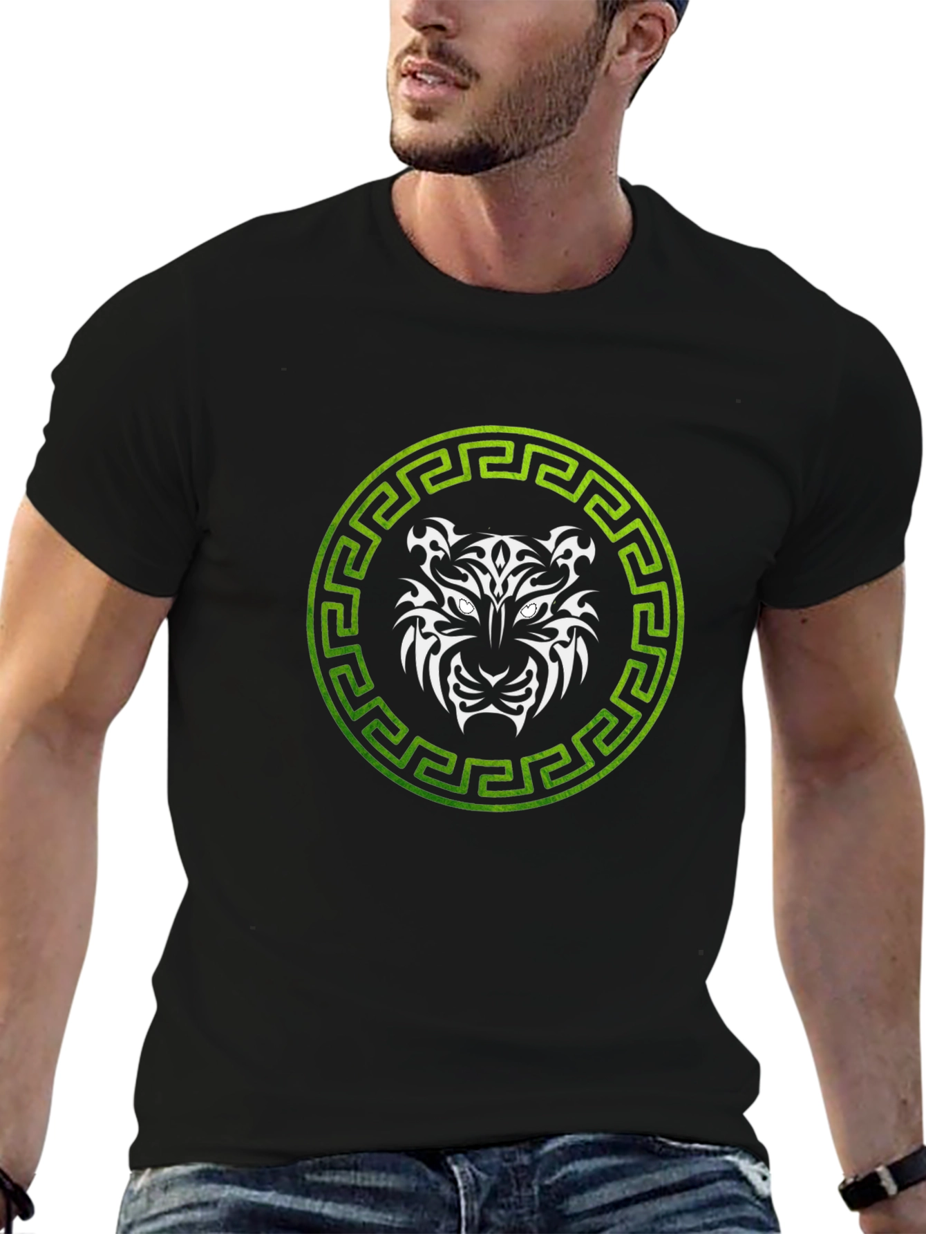 Tribal Tiger Graphic Tee - Green & White Design
