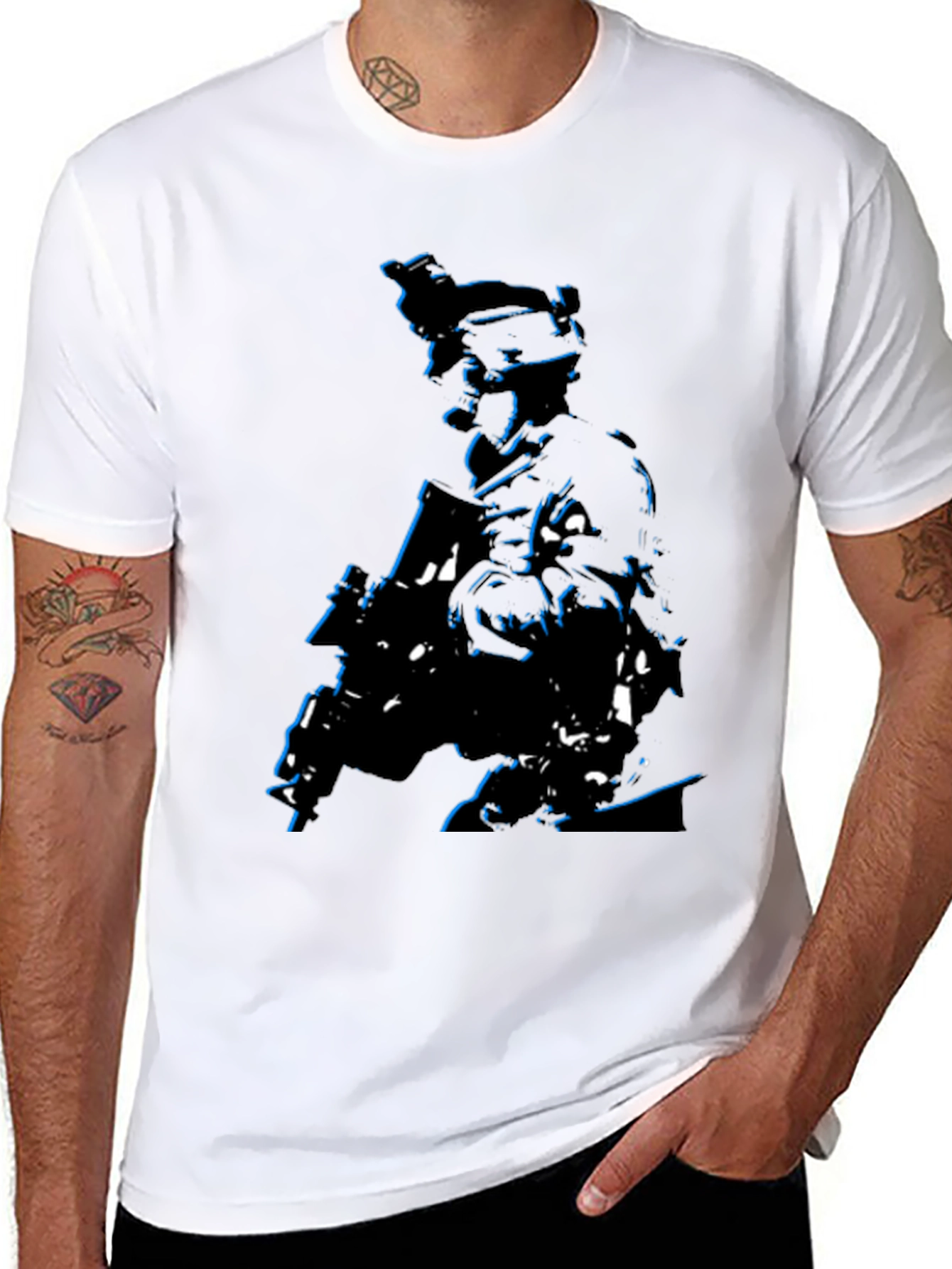 Tactical Soldier Graphic Tee - Black Cotton Blend