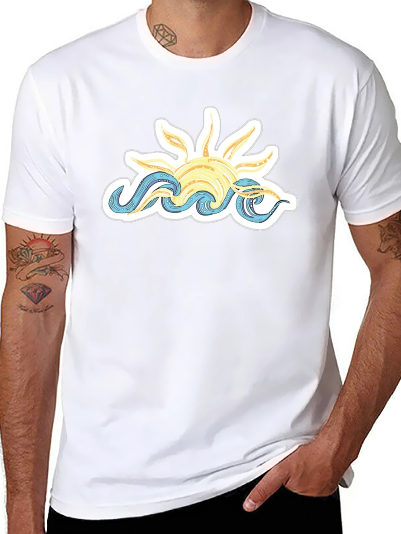 Sun & Waves Graphic Tee - Black Cotton T-Shirt