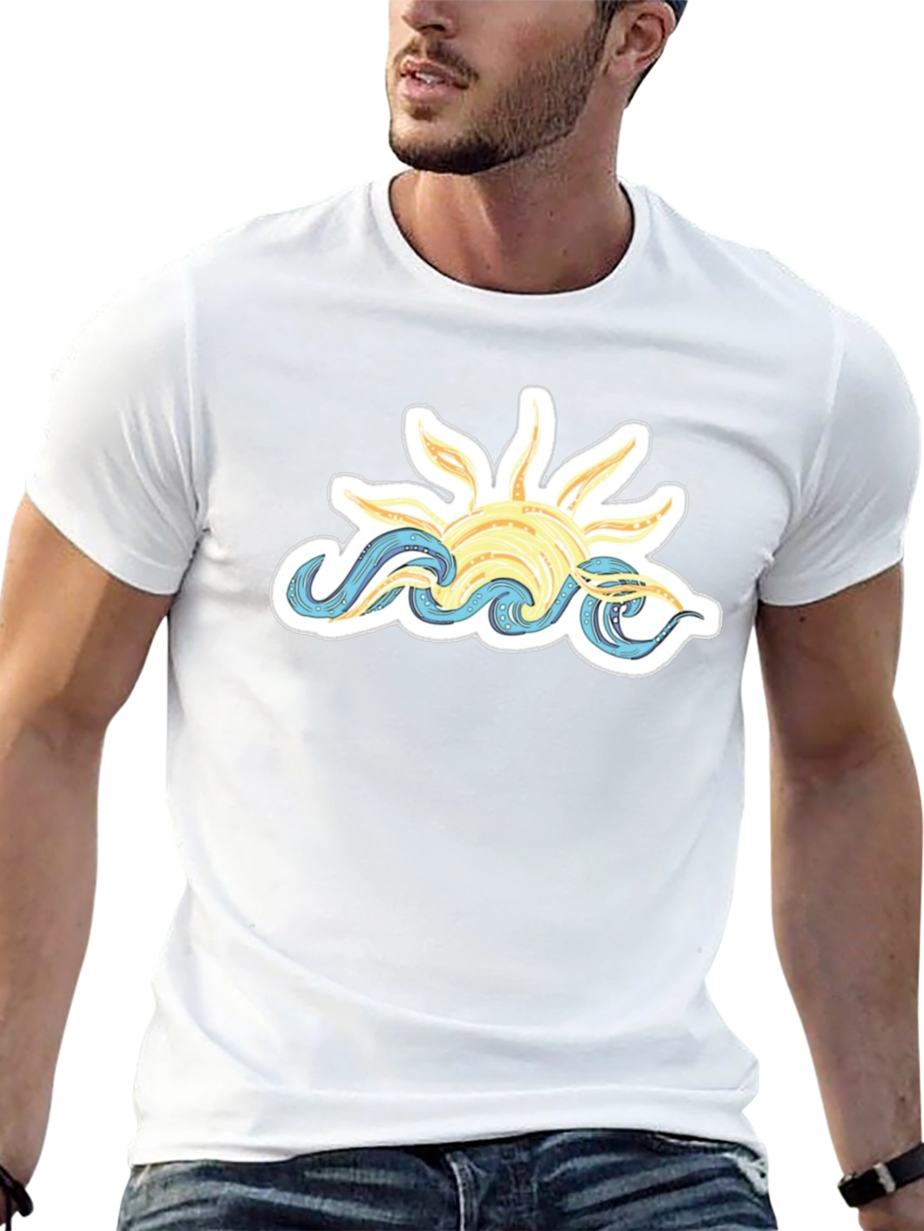 Sun & Waves Graphic Tee - Black Cotton T-Shirt