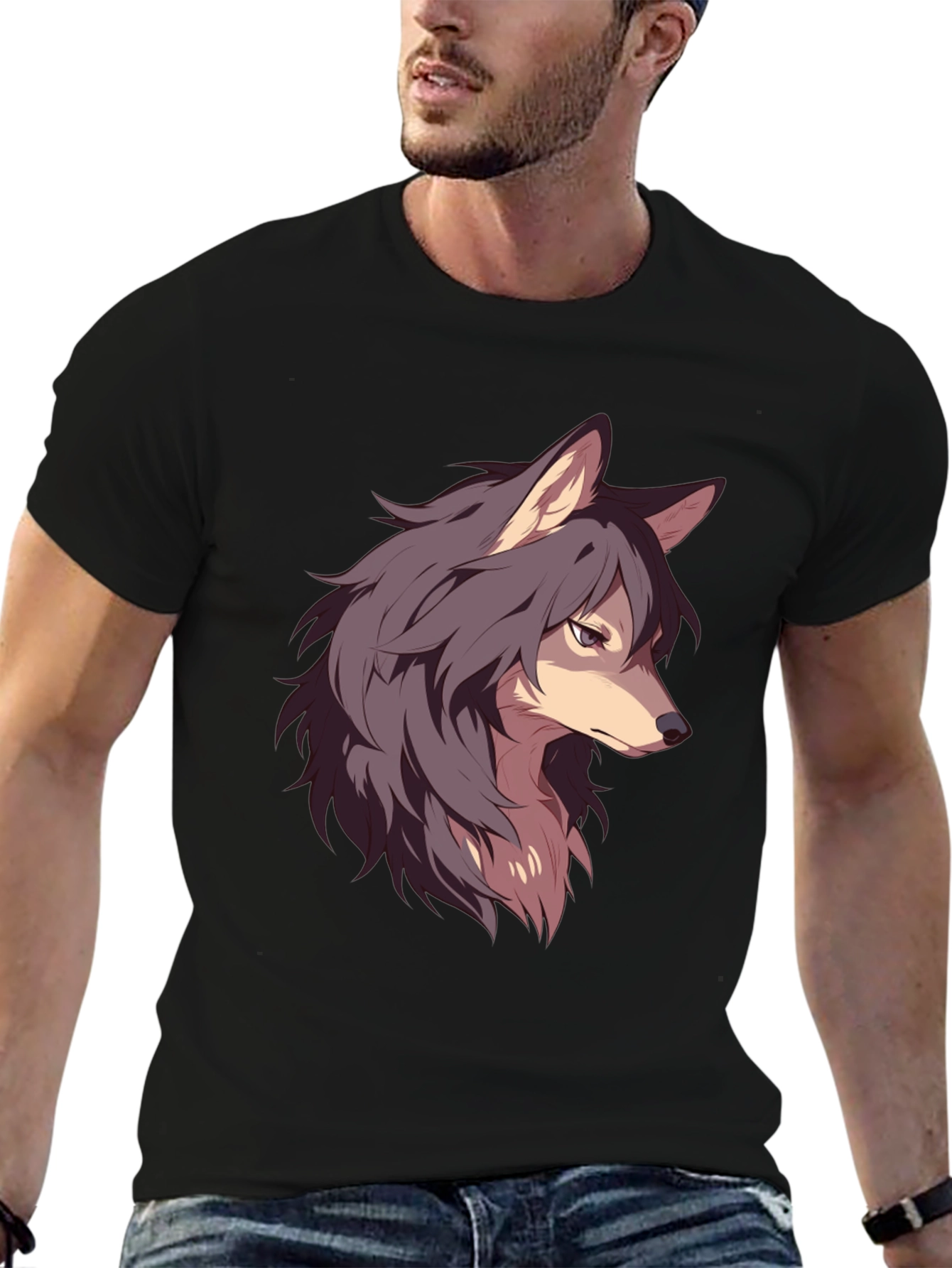 Anime Wolf Graphic Black T-Shirt