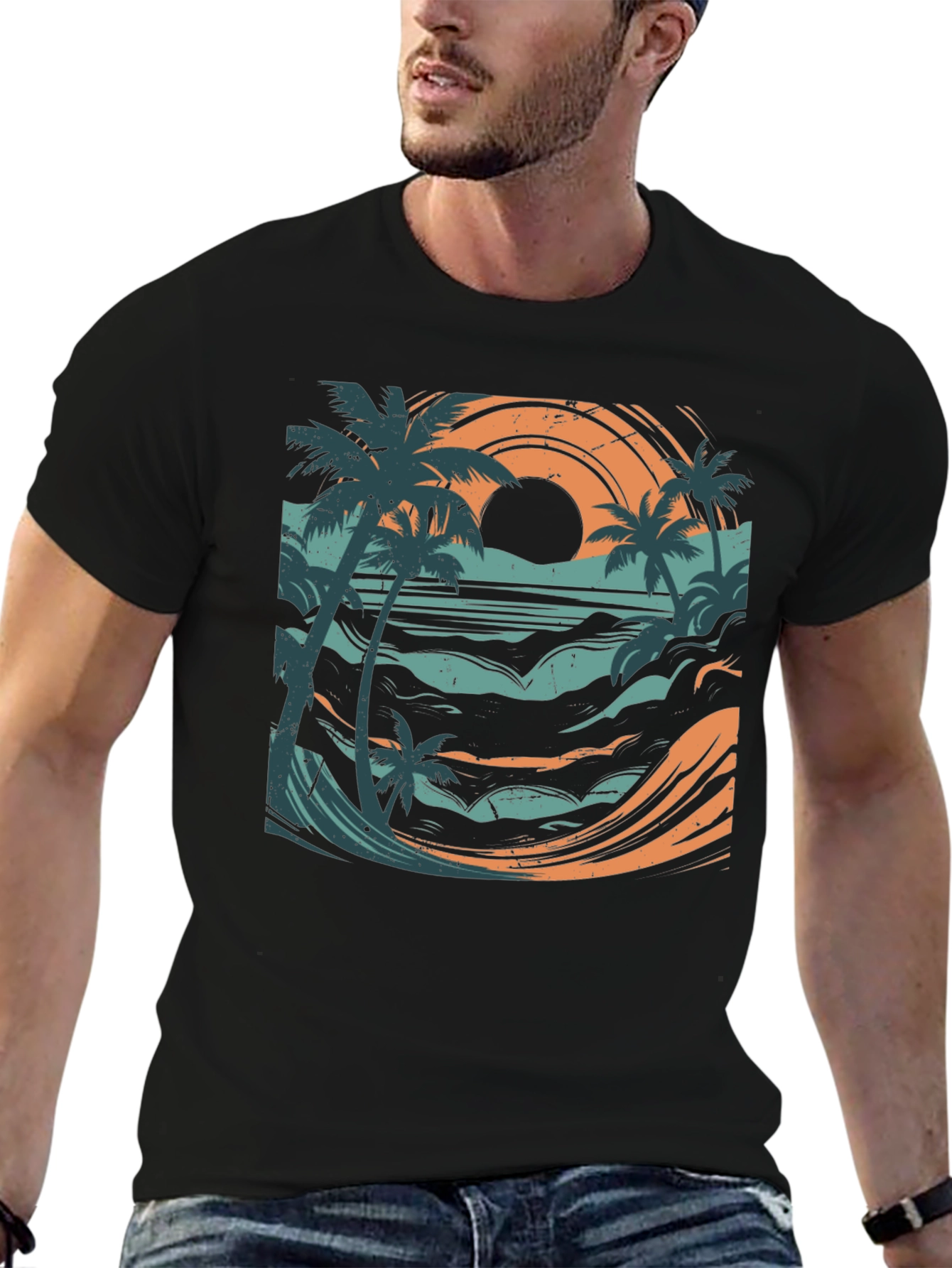 Sunset Beach Graphic Tee - Black Cotton Blend