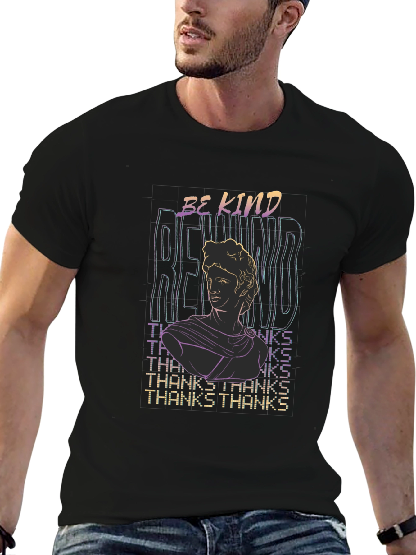 Be Kind Statue Graphic Tee - Black Cotton T-Shirt