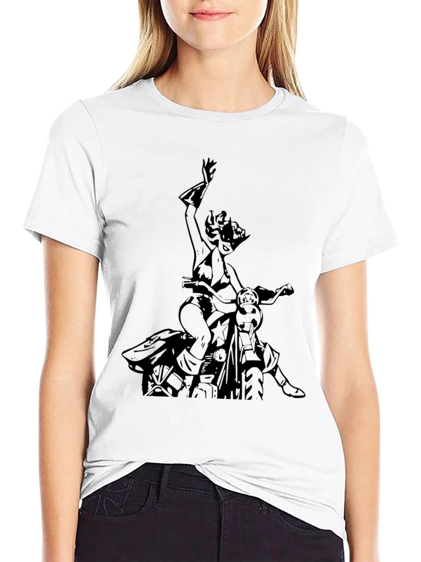 Black T-Shirt with Motorcycle Woman Graphic