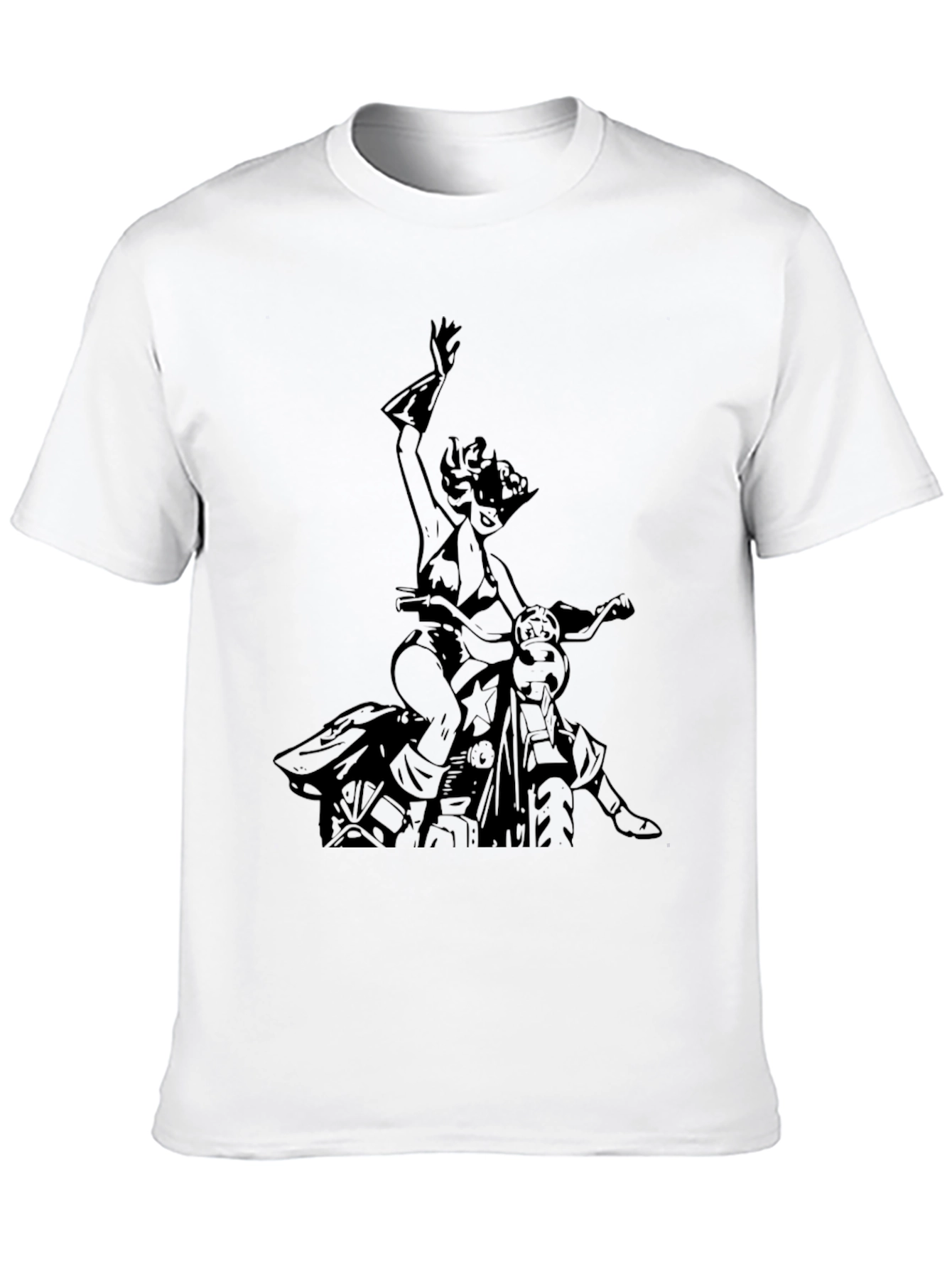 Black T-Shirt with Motorcycle Woman Graphic
