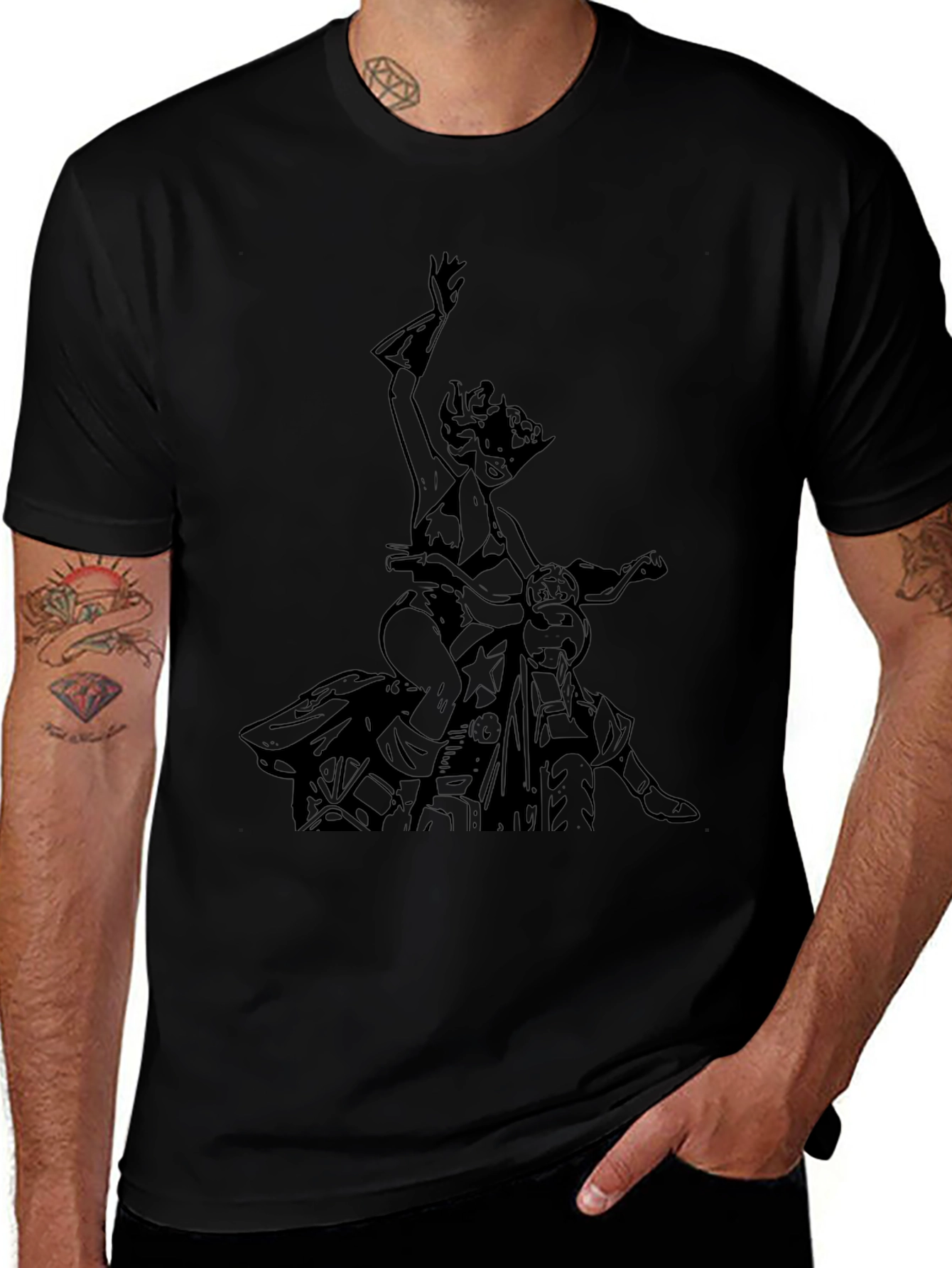 Black T-Shirt with Motorcycle Woman Graphic