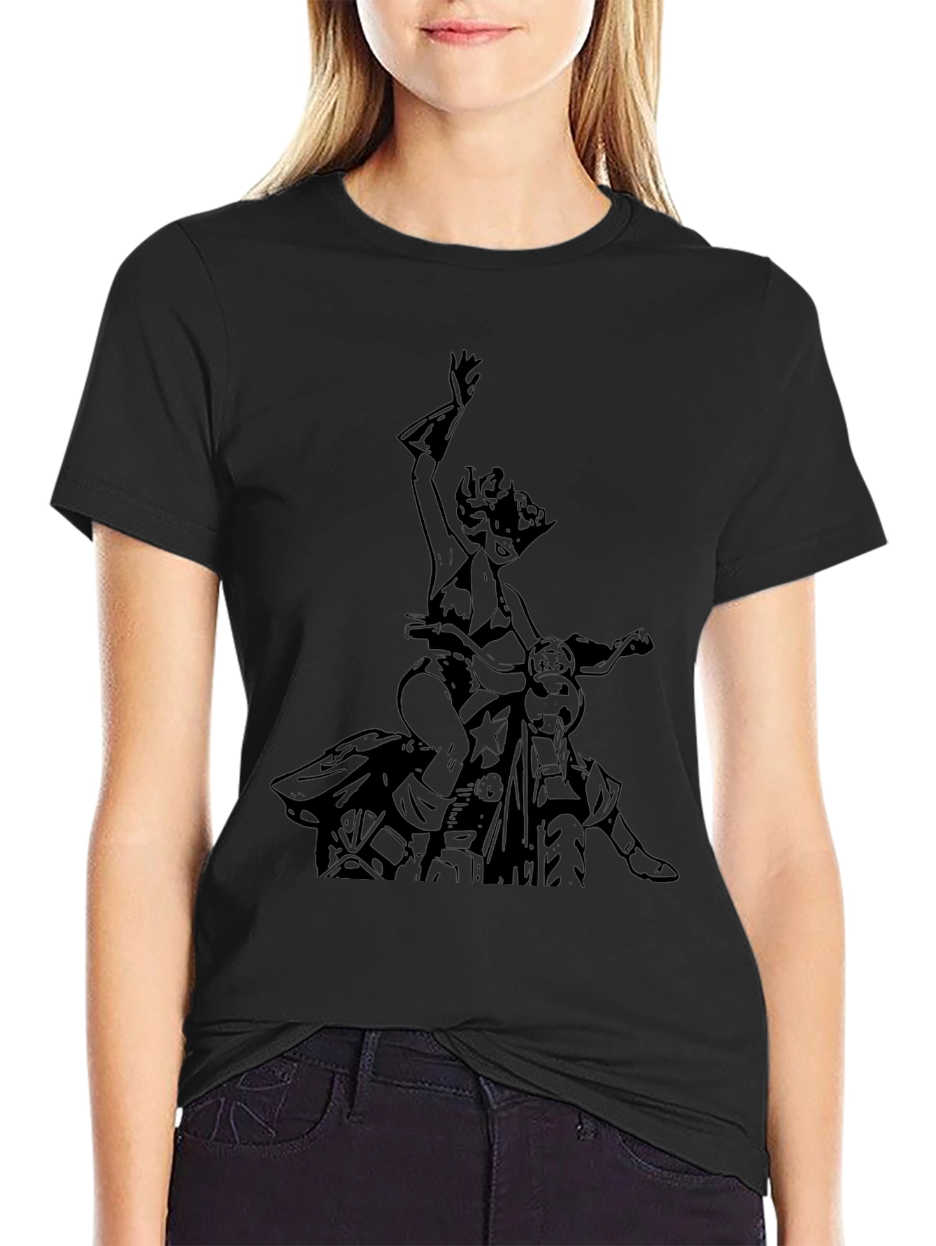 Black T-Shirt with Motorcycle Woman Graphic