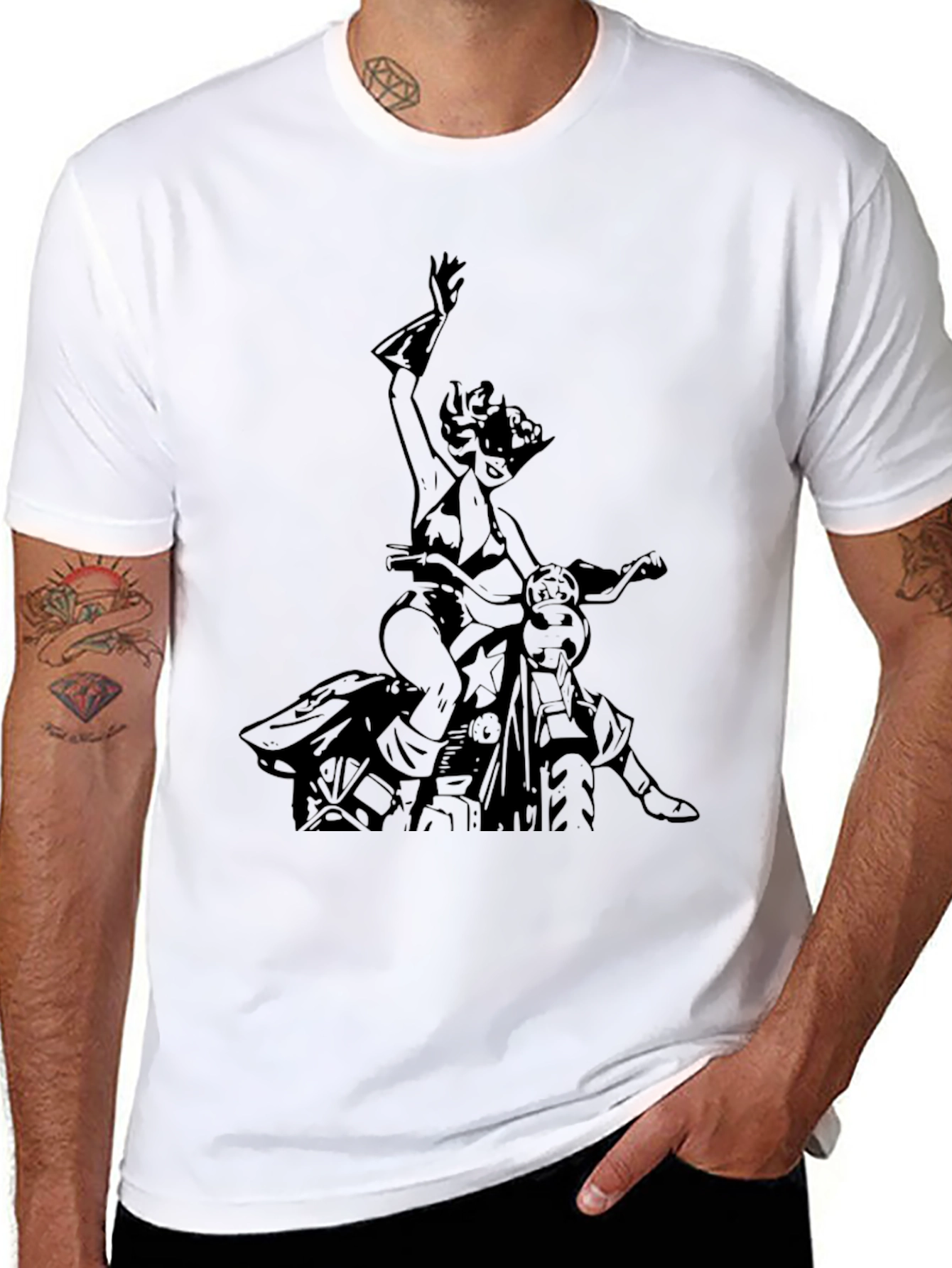 Black T-Shirt with Motorcycle Woman Graphic