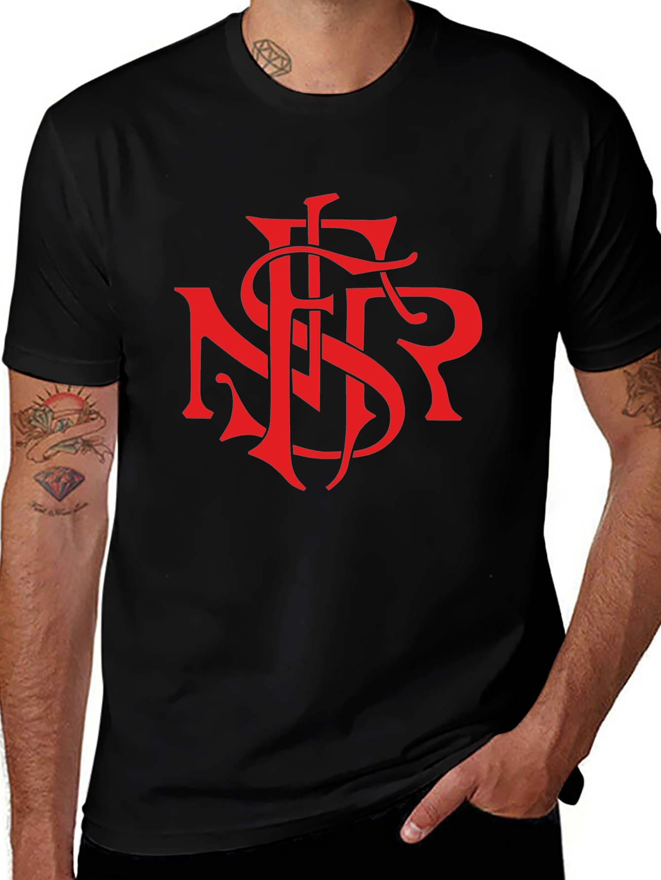 Black T-Shirt with Bold Red Graphic Print