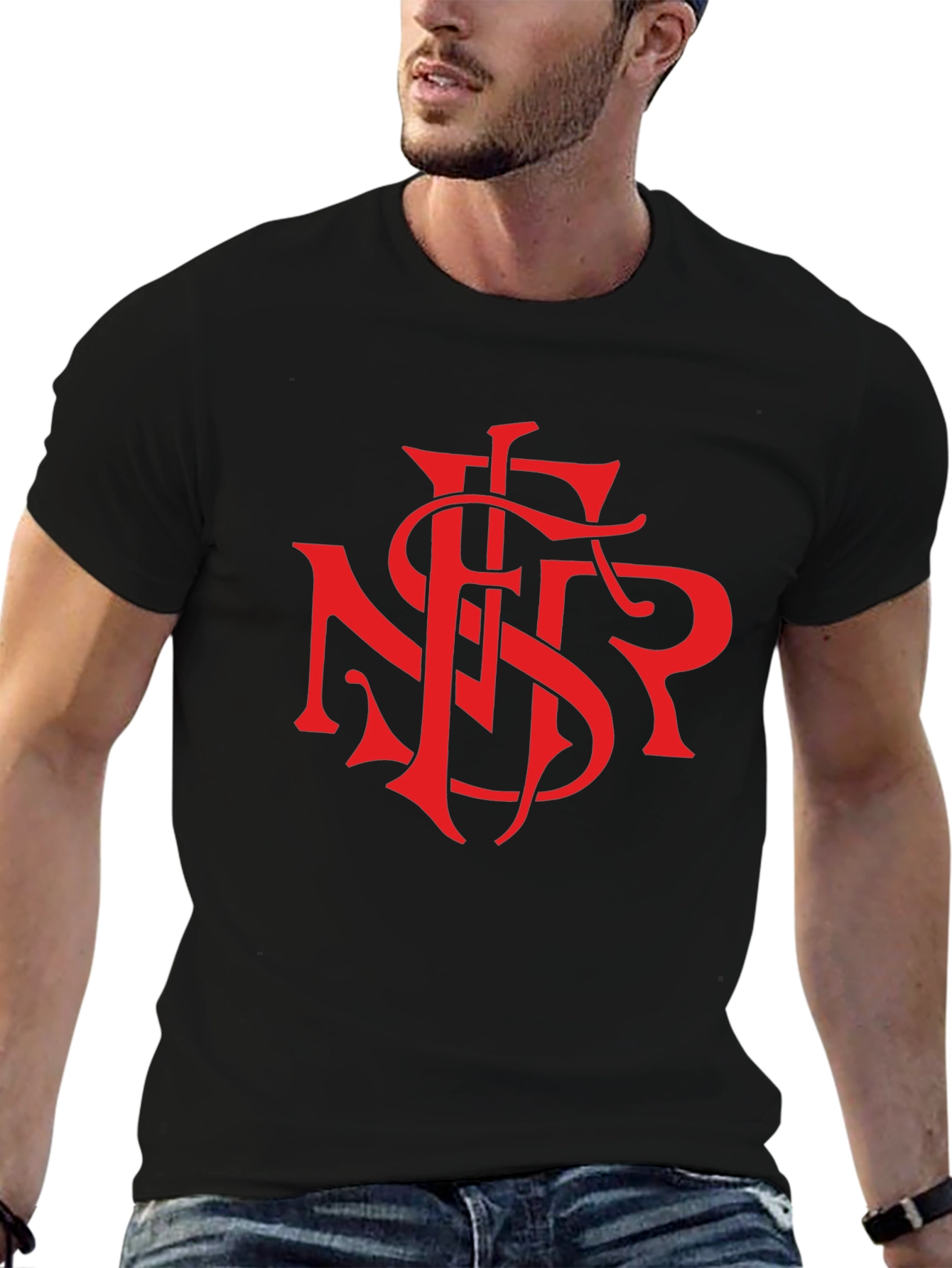 Black T-Shirt with Bold Red Graphic Print