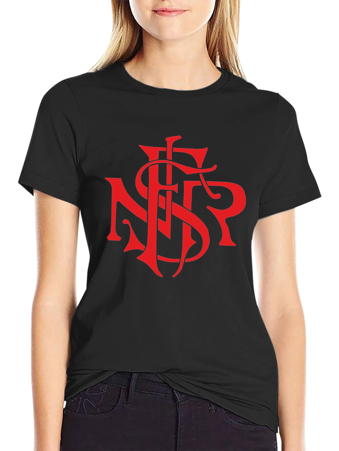 Black T-Shirt with Bold Red Graphic Print