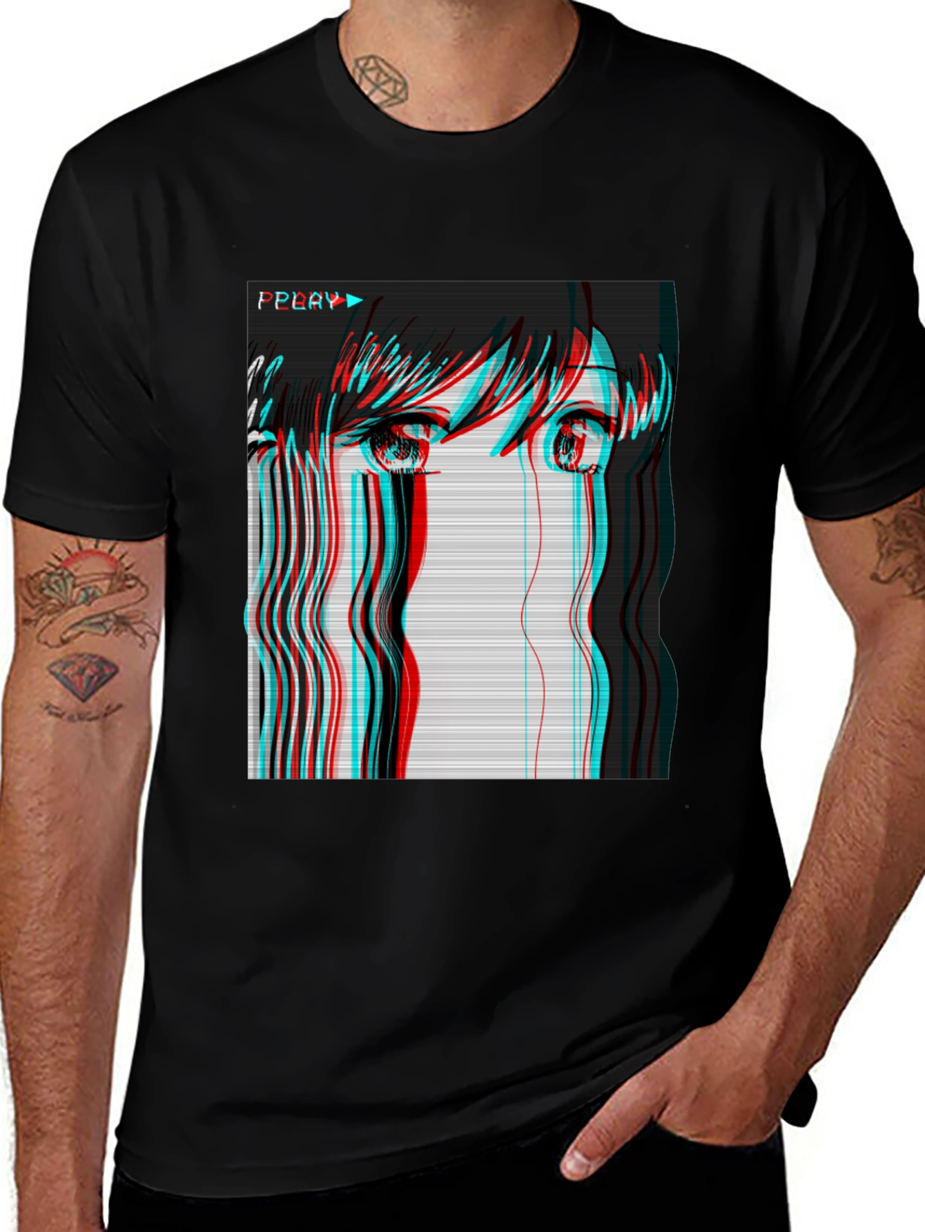 Anime Girl Glitch Black T-Shirt