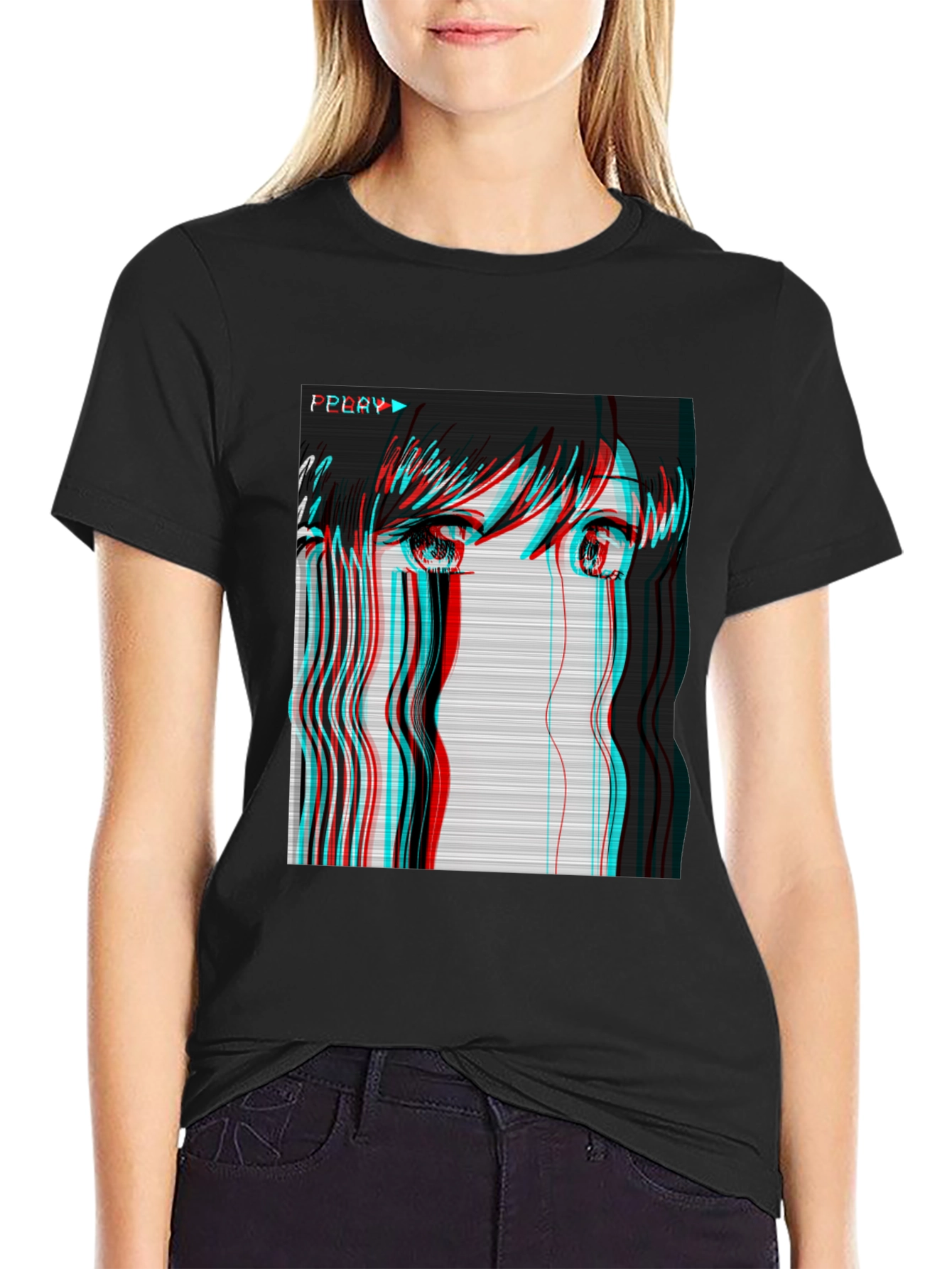 Anime Girl Glitch Black T-Shirt
