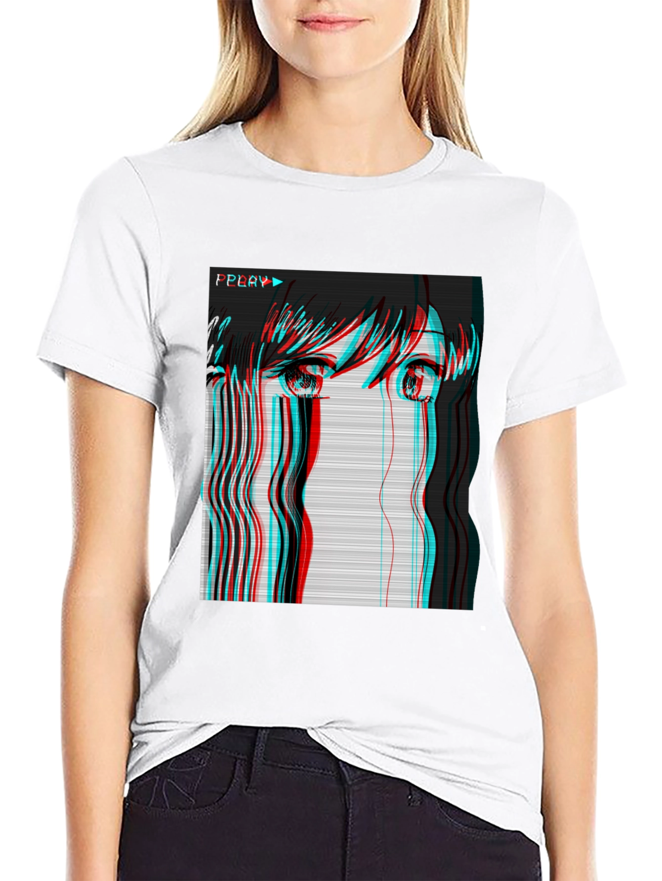 Anime Girl Glitch Black T-Shirt