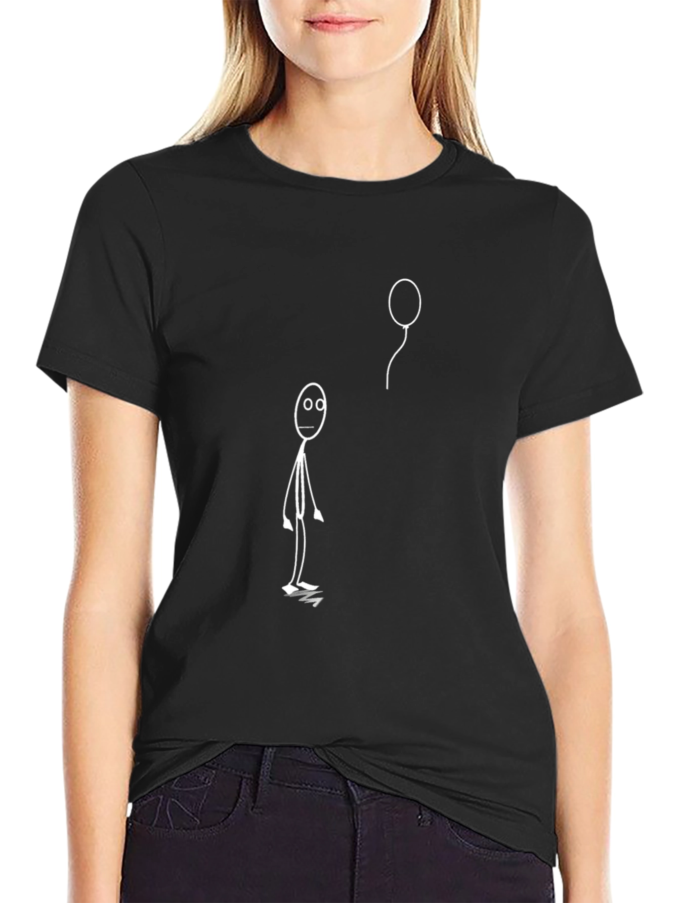 Black T-Shirt with Stick Figure & Balloon Design