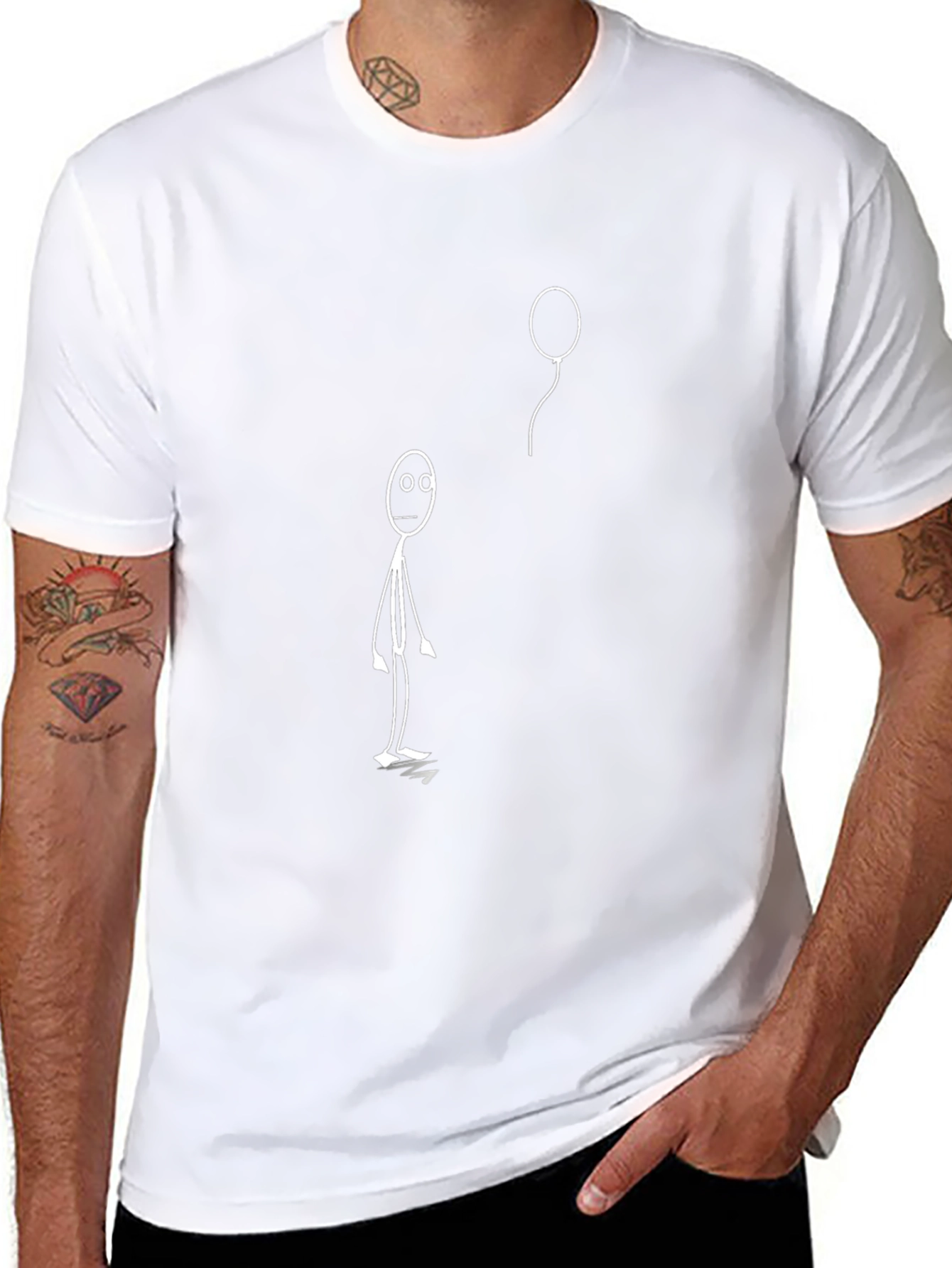 Black T-Shirt with Stick Figure & Balloon Design