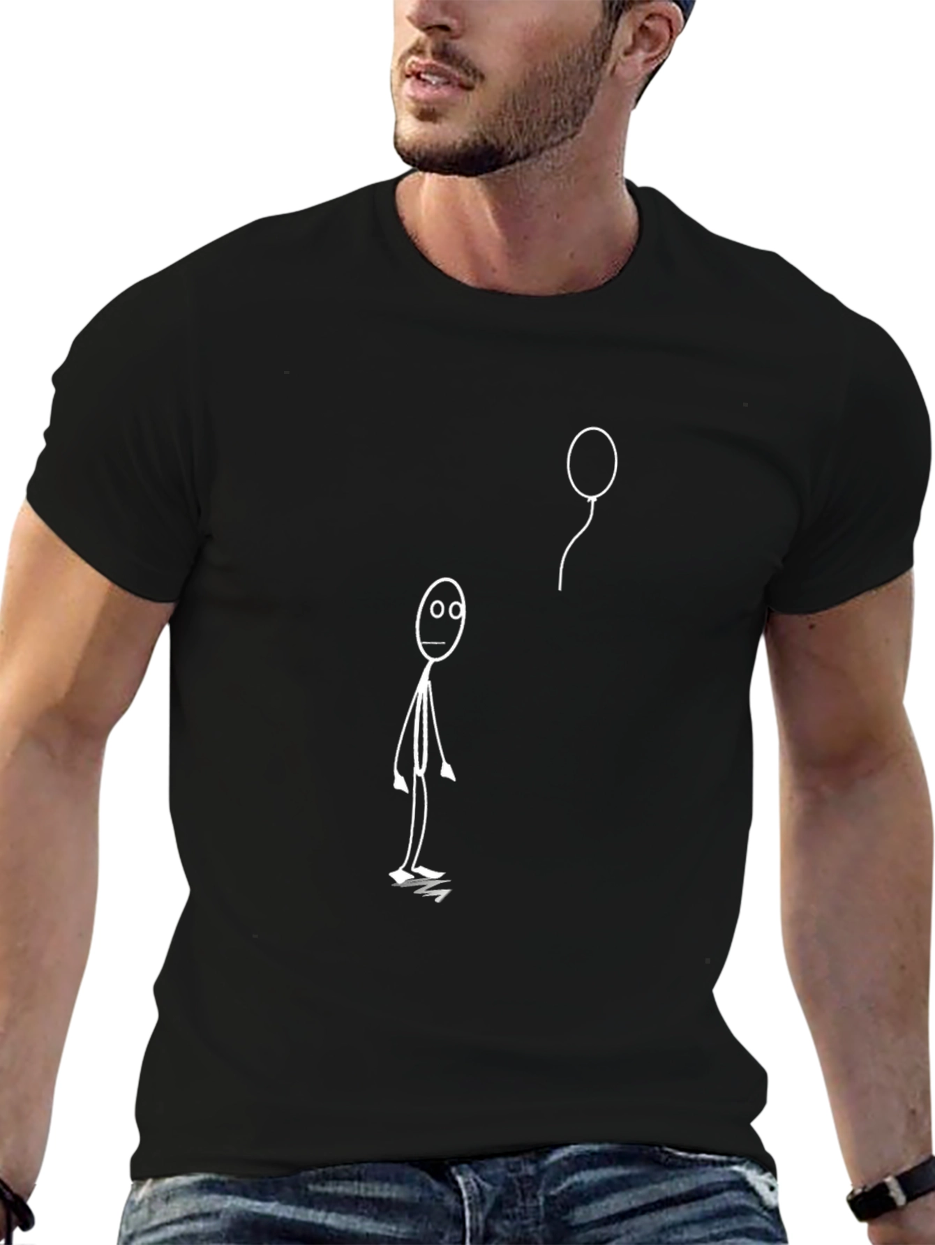 Black T-Shirt with Stick Figure & Balloon Design