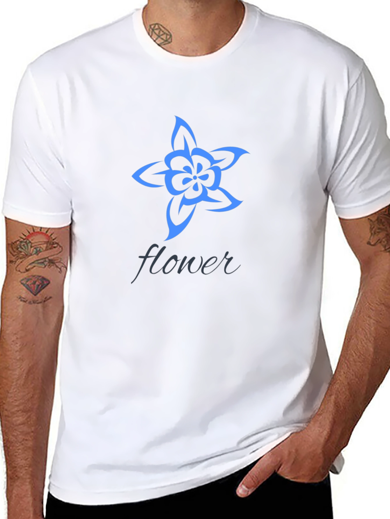 Stylish Black T-Shirt with Blue Flower Design