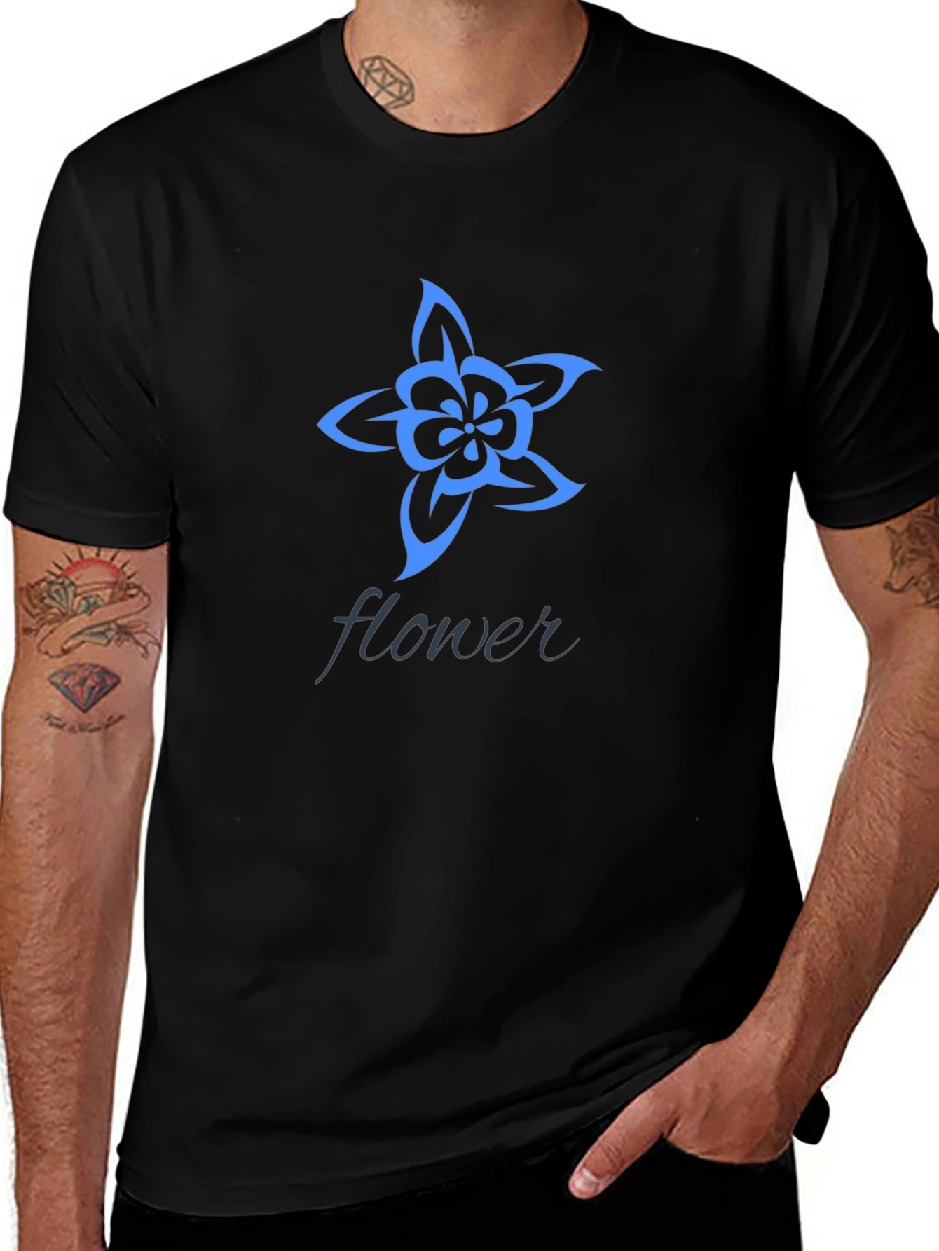 Stylish Black T-Shirt with Blue Flower Design